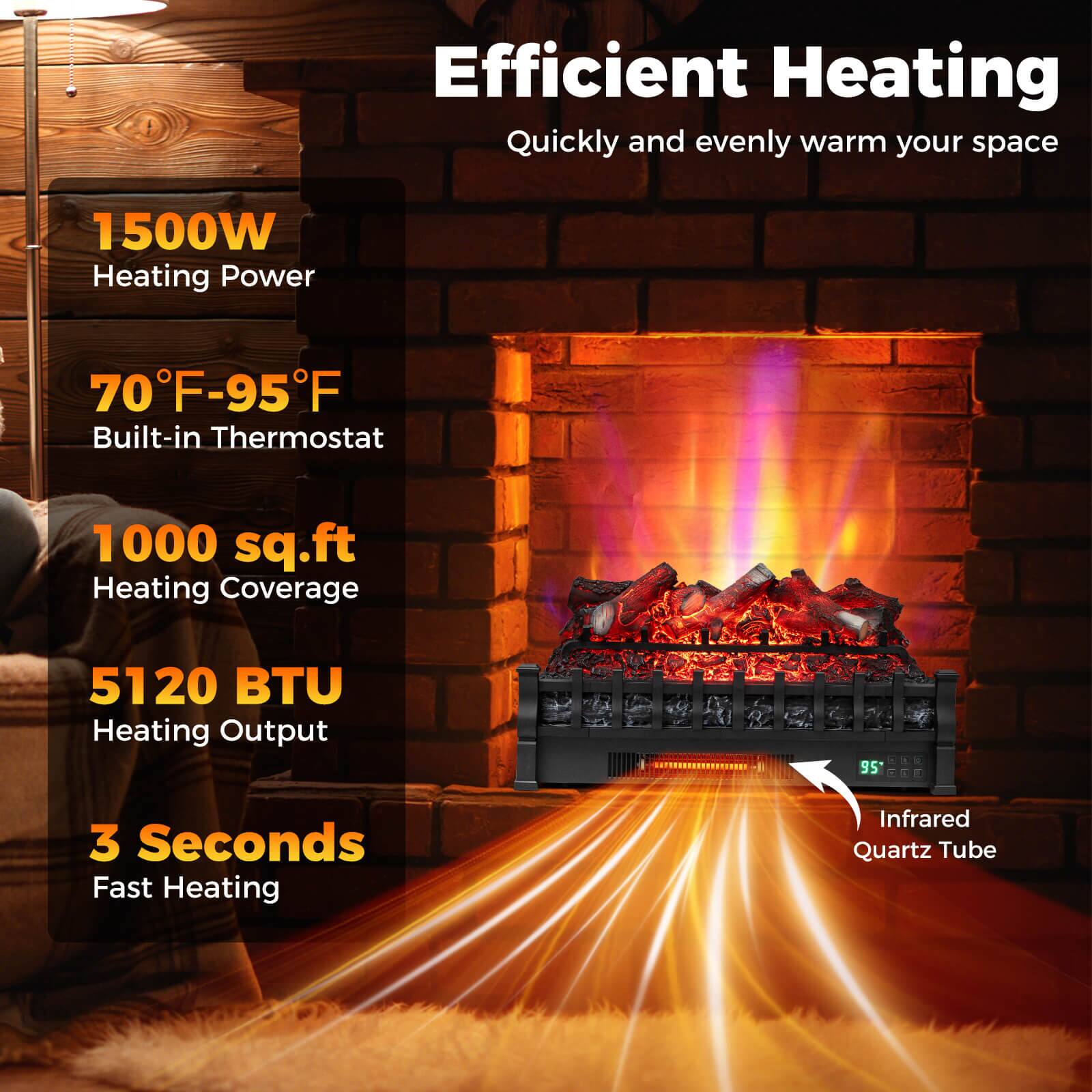 Efficient Heating  
Quickly and evenly warm your space  

1500W Heating Power  
70°F-95°F Built-in Thermostat  
1000 sq.ft Heating Coverage  
5120 BTU Heating Output  
3 Seconds Fast Heating  
Infrared Quartz Tube