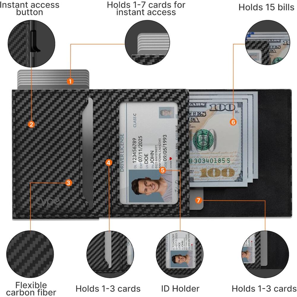 Instant access button  
Holds 1-7 cards for instant access  
Holds 15 bills  

Flexible carbon fiber  
Holds 1-3 cards  
ID Holder  
Holds 1-3 cards