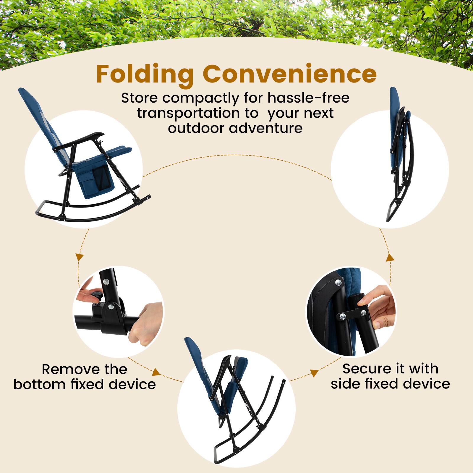 Folding Convenience  
Store compactly for hassle-free transportation to your next outdoor adventure  

Remove the bottom fixed device  
Secure it with side fixed device