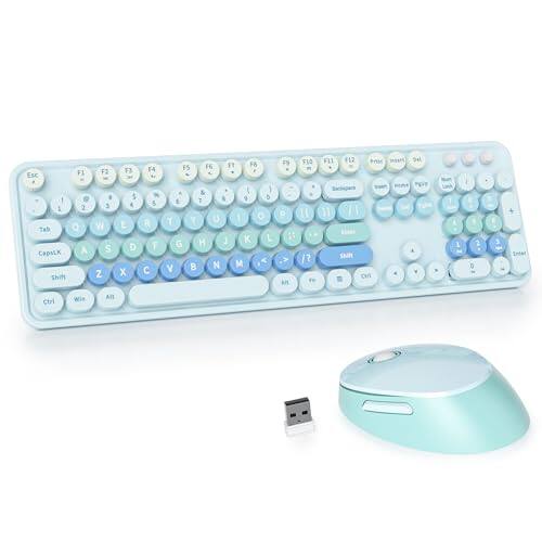 Comfort Essence - GTSP Colorful Brown Wireless and Mouse Combo Retro Typewriter Full-Size Cute Office 2.4GHz with Round Keycaps - Cute Blue