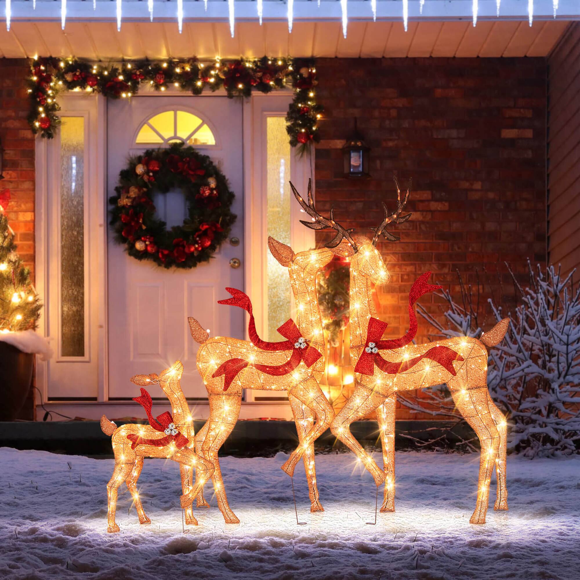 Alt View 2. Costway - Costway 3 PCS Large Lighted Christmas Reindeer Family with 440 LED Lights & Bows Buck - Yellow.