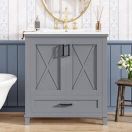 Boyel Living - 30 Inch Bathroom Vanity with Ceramic Sink Solid Wood Frame MDF 2 Soft Close Doors 1 Drawer Dual Storage Shelves - Gray