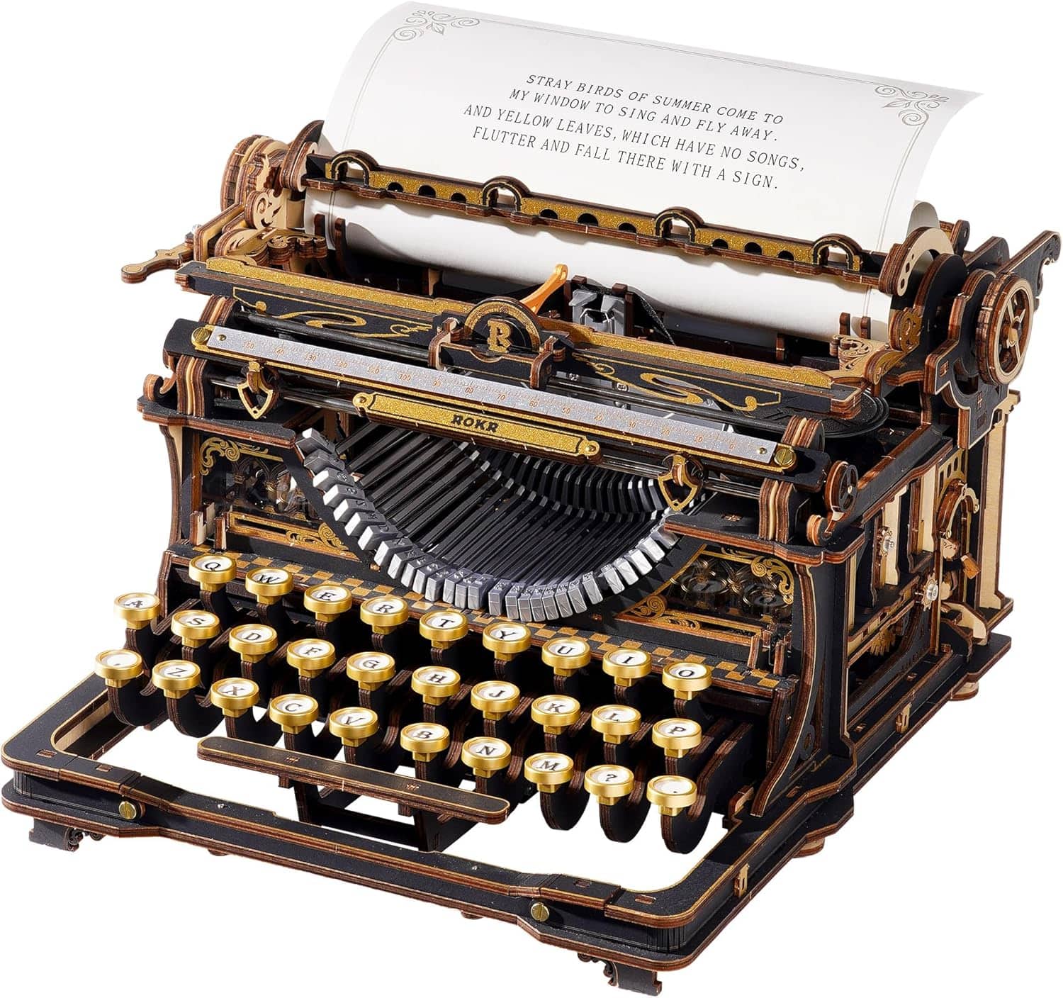 Robotime - ROKR Mechanical Typewriter 3D Wooden Puzzle for Adults- Vintage Model Kit, No Glue, 324 PCS, (Classic Version) - Brown