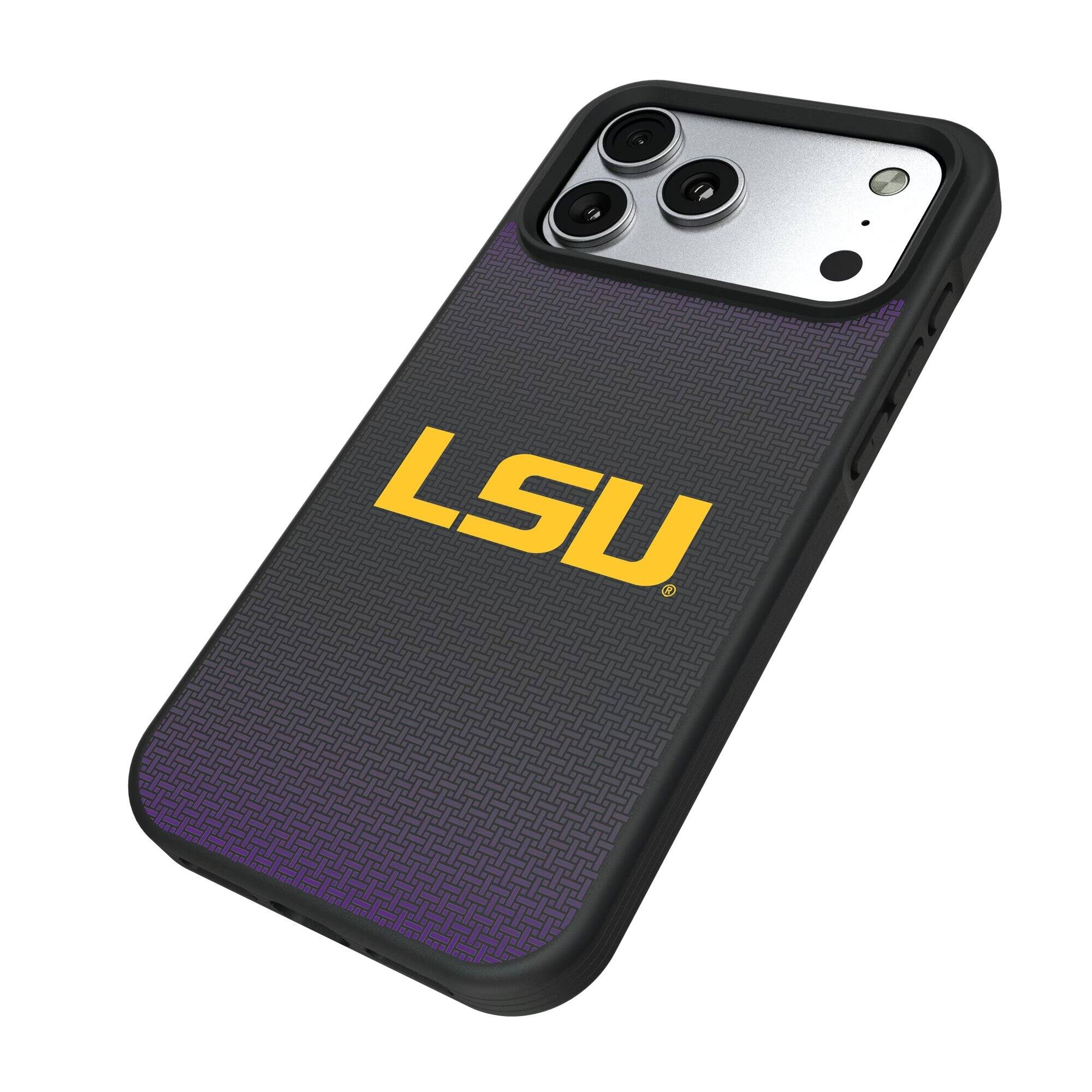 Alt View 1. Keyscaper - LSU Tigers Linen Logo iPhone Bump Case - 16 Pro - Black.