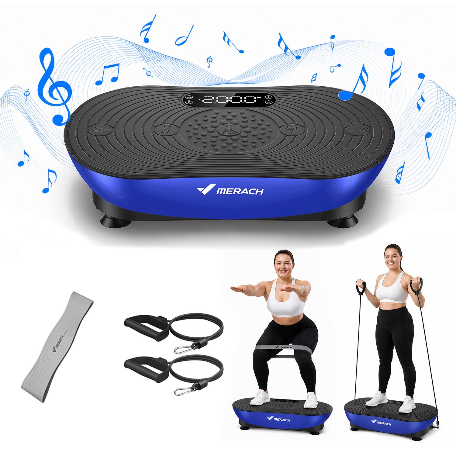 MERACH - Vibration Plate for Lymphatic Drainage Weight Loss Muscle Activation LED Touch Screen Bluetooth Plate Vibration - Black-Blue