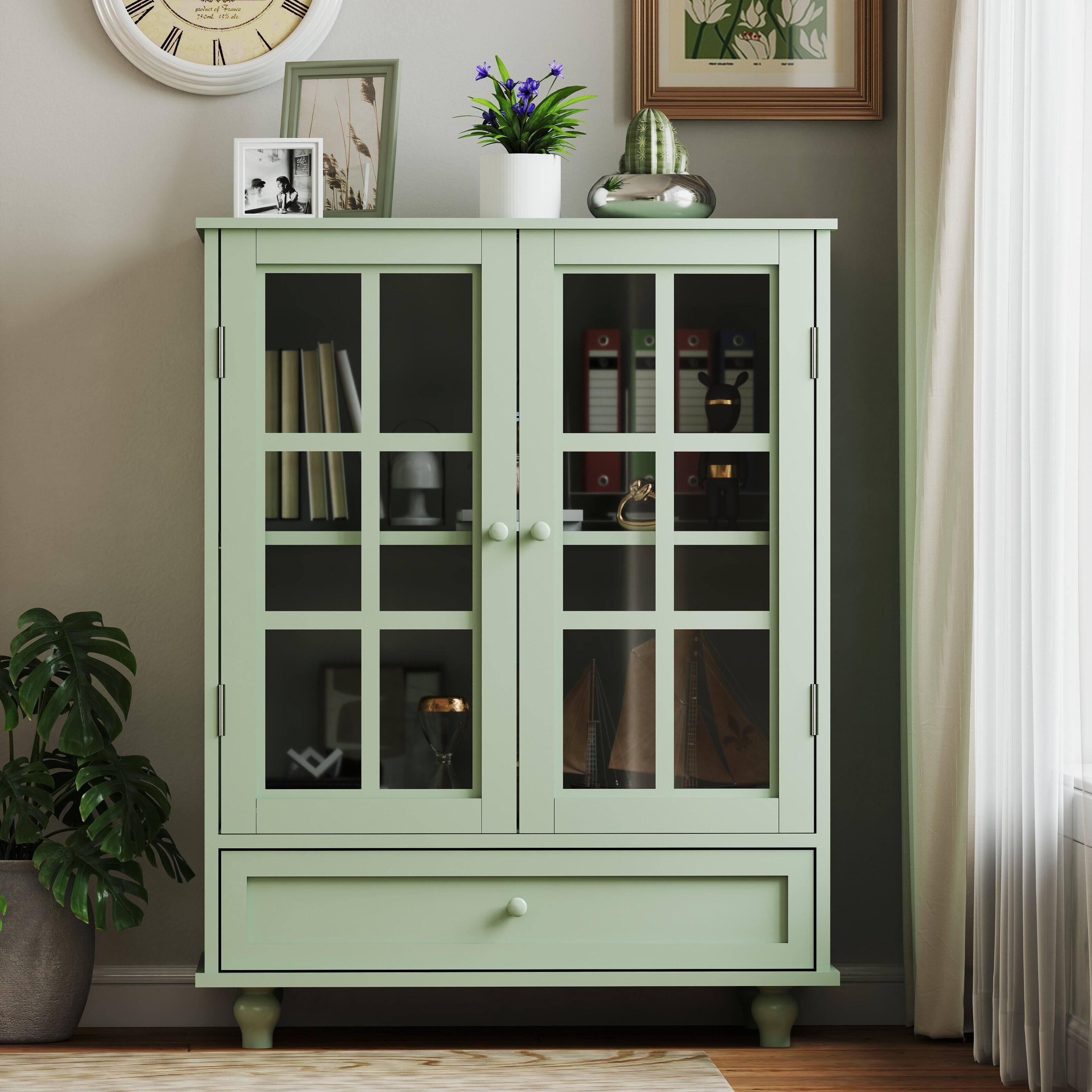 Alt View 10. Ecooso - Minimalist Buffet Cabinet with Double Glass Doors, Drawer & Storage Shelves - Green.
