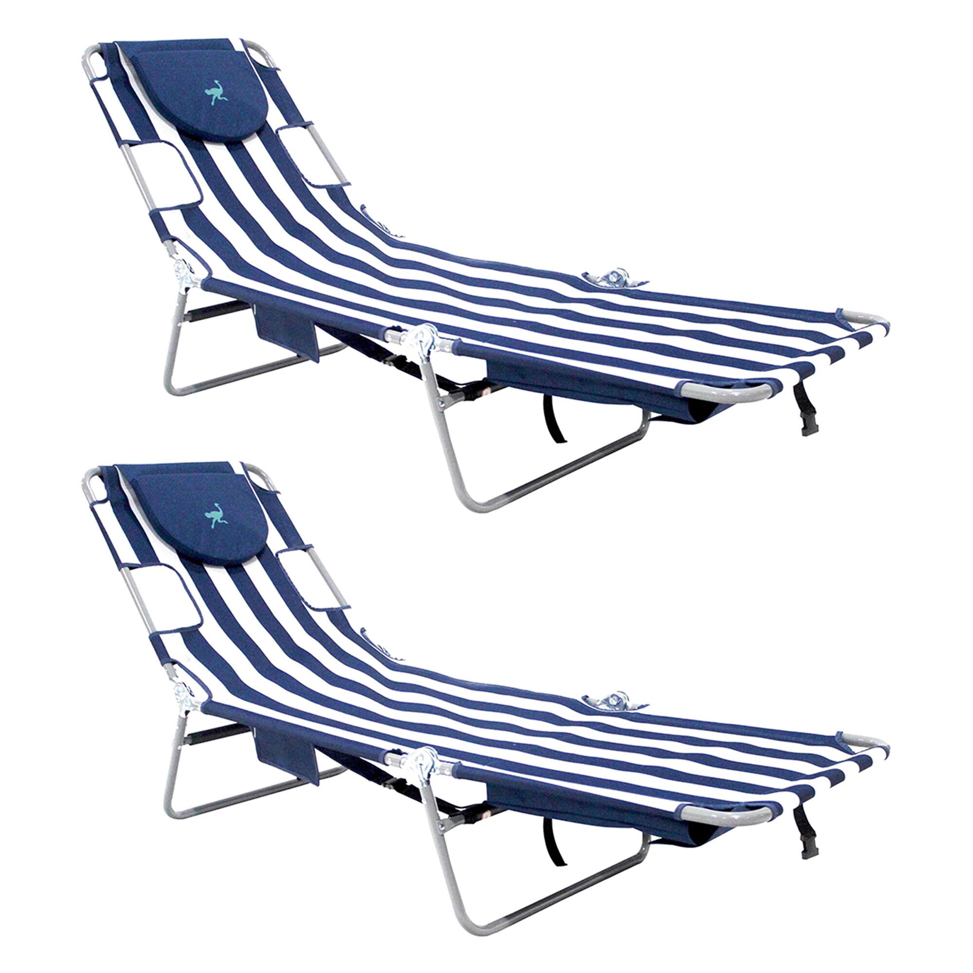 Front. Ostrich - Ostrich Backpack Chaise Folding Lounge Chair w/Storage Bag, Navy Stripe (2 Pack) - Striped.