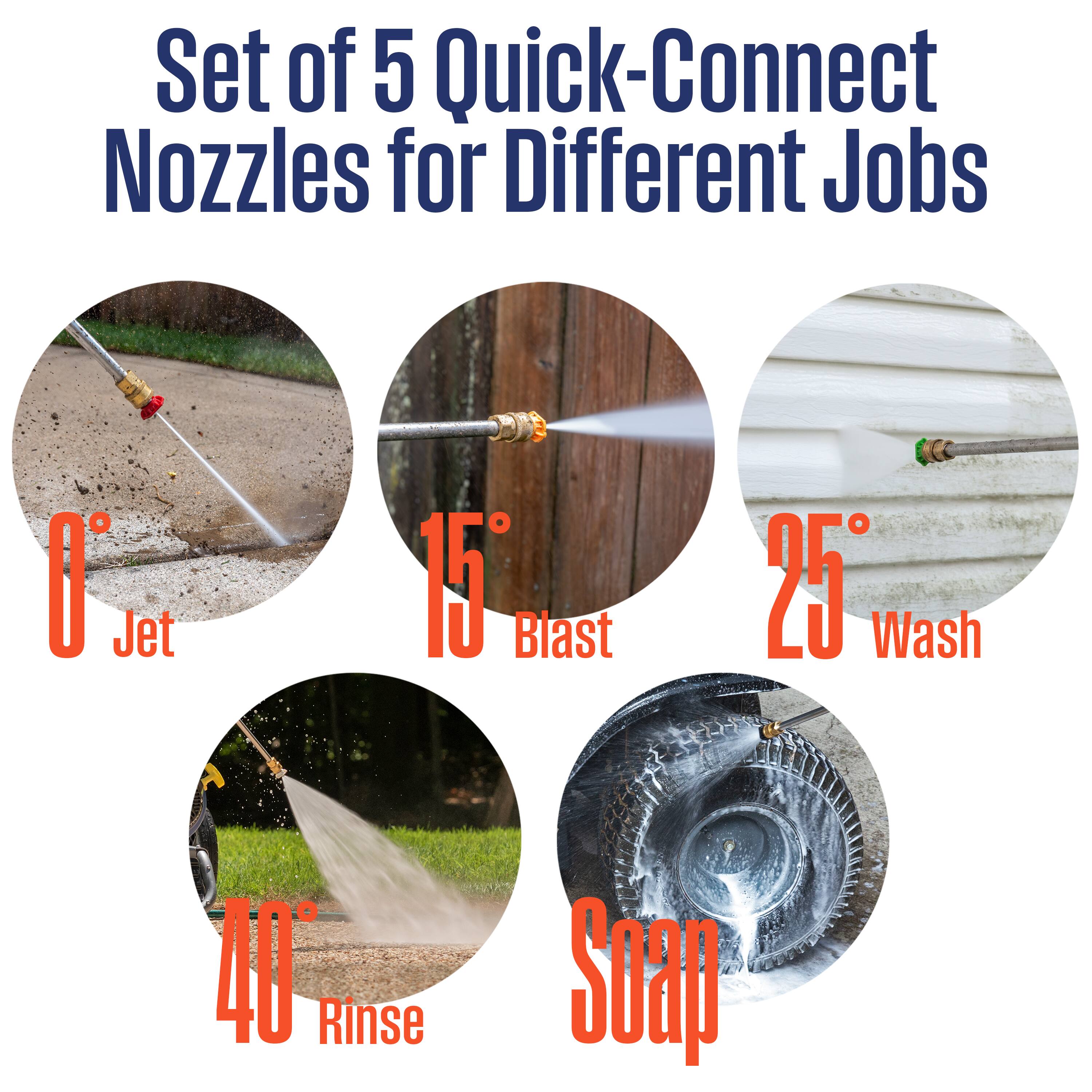 Set of 5 Quick-Connect Nozzles for Different Jobs

- 0° Jet
- 15° Blast
- 25° Wash
- 40° Rinse
- Soap