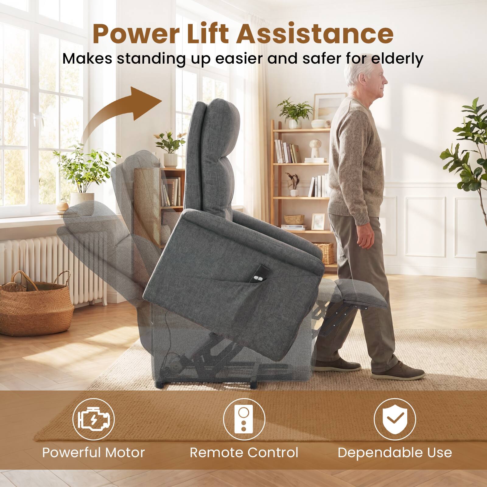 Power Lift Assistance  
Makes standing up easier and safer for elderly  

Powerful Motor  
Remote Control  
Dependable Use