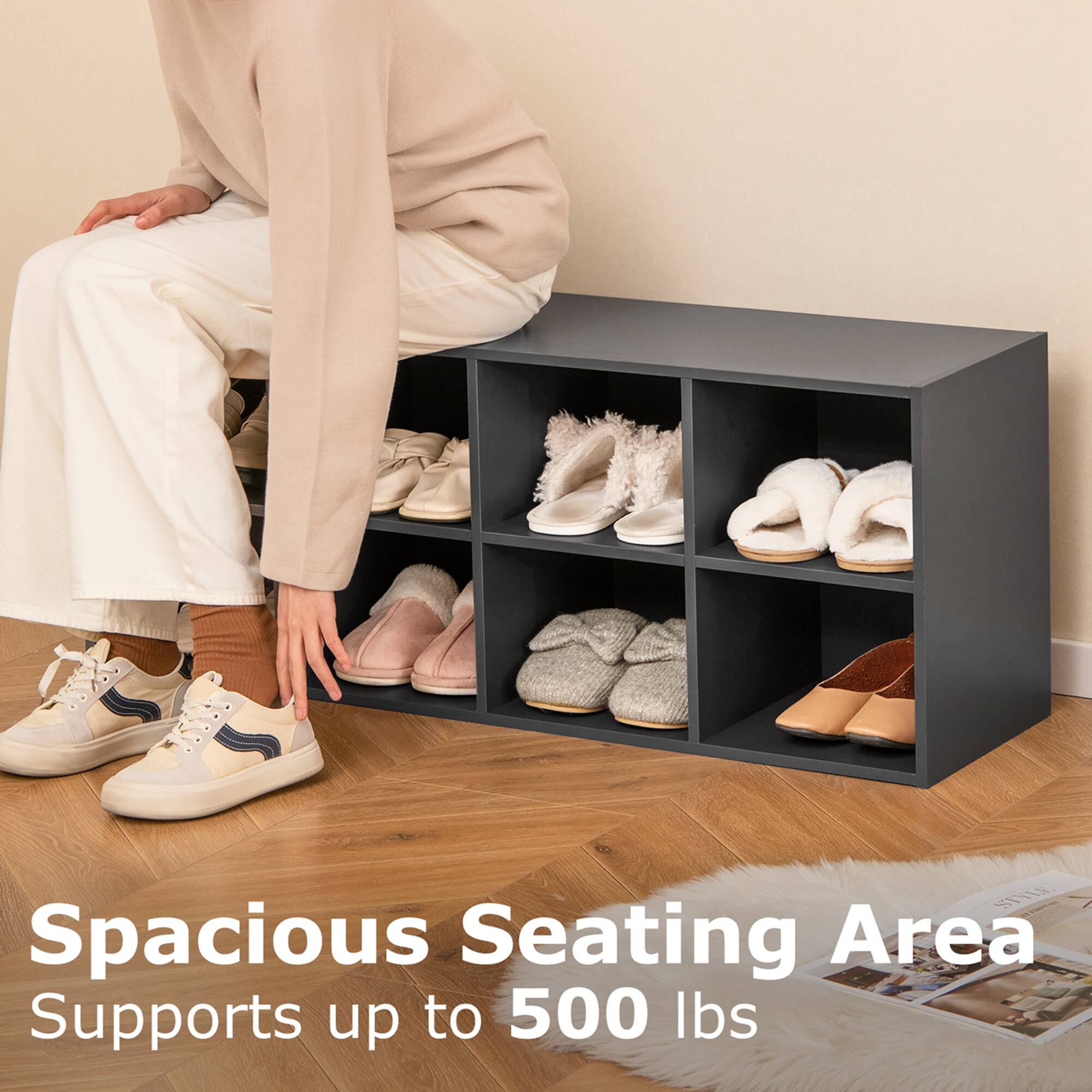 The text on the image reads: "Spacious Seating Area Supports up to 500 lbs."