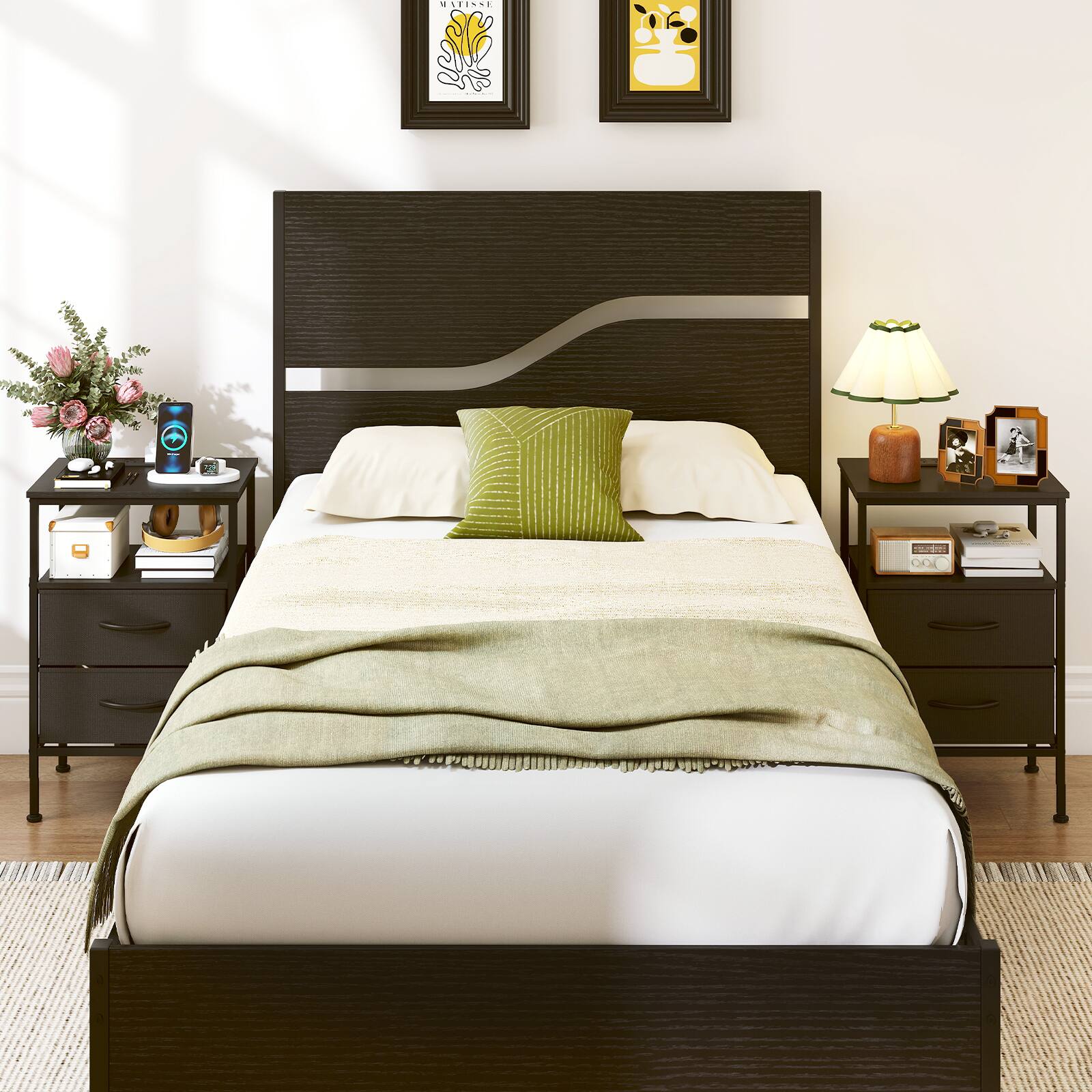 Alt View 1. Costway - Costway 2 Pcs Nightstand with Charging Station, 24.5" Modern Bedside Table with 2 Fabric Drawers - Black 2 Drawers.