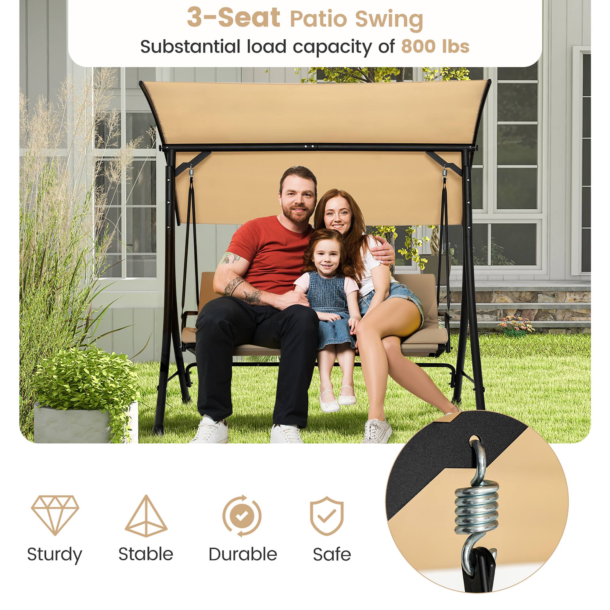 Alt View 5. Gymax - Gymax 3 Person Patio Porch Swing Outdoor Swing Chair w/ Cushions & Adjustable Canopy - Beige.