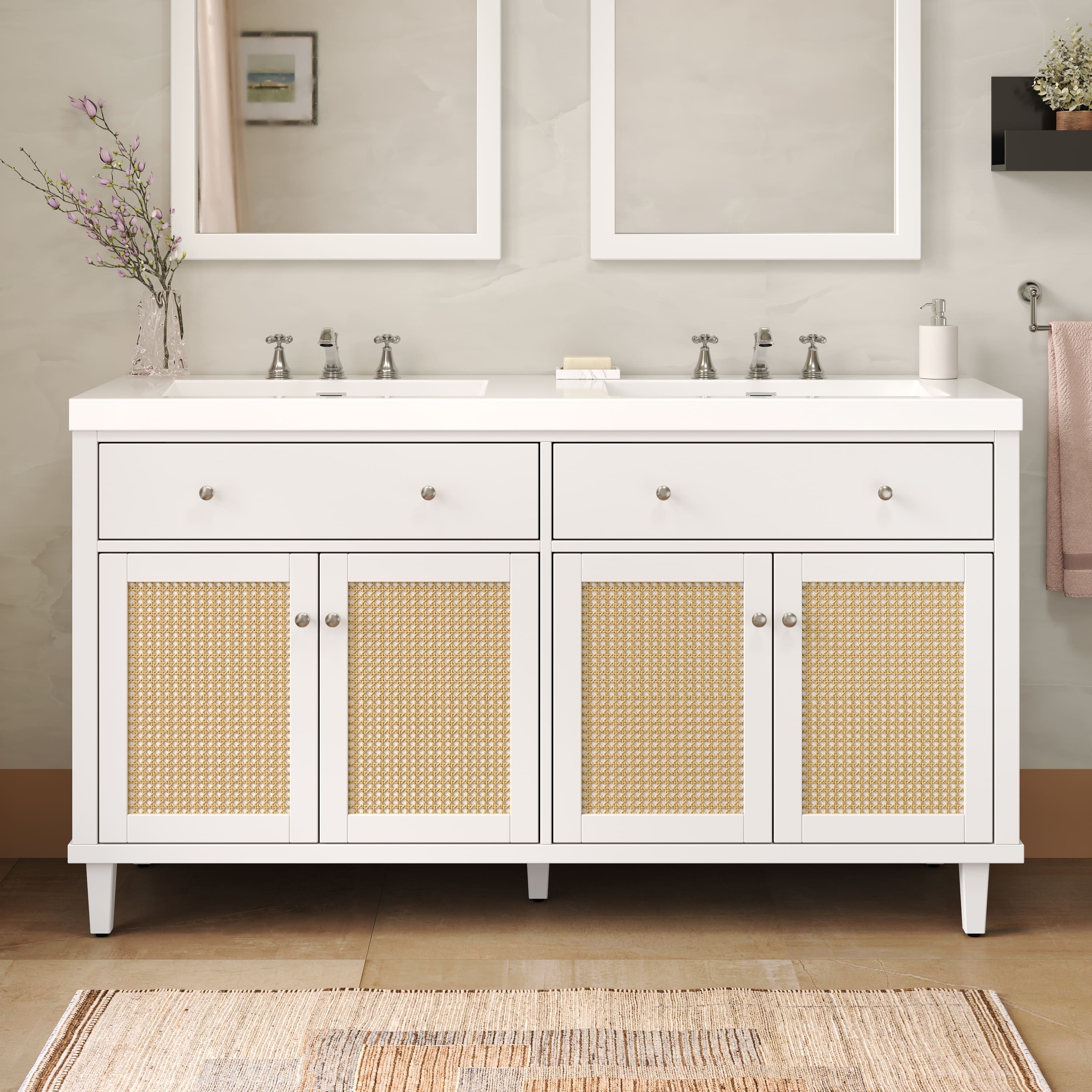Loheer - 60" Double Sink Bathroom Vanity — Freestanding Wood Cabinet with SMC Basins, Soft-Close Doors and Large Storage - White