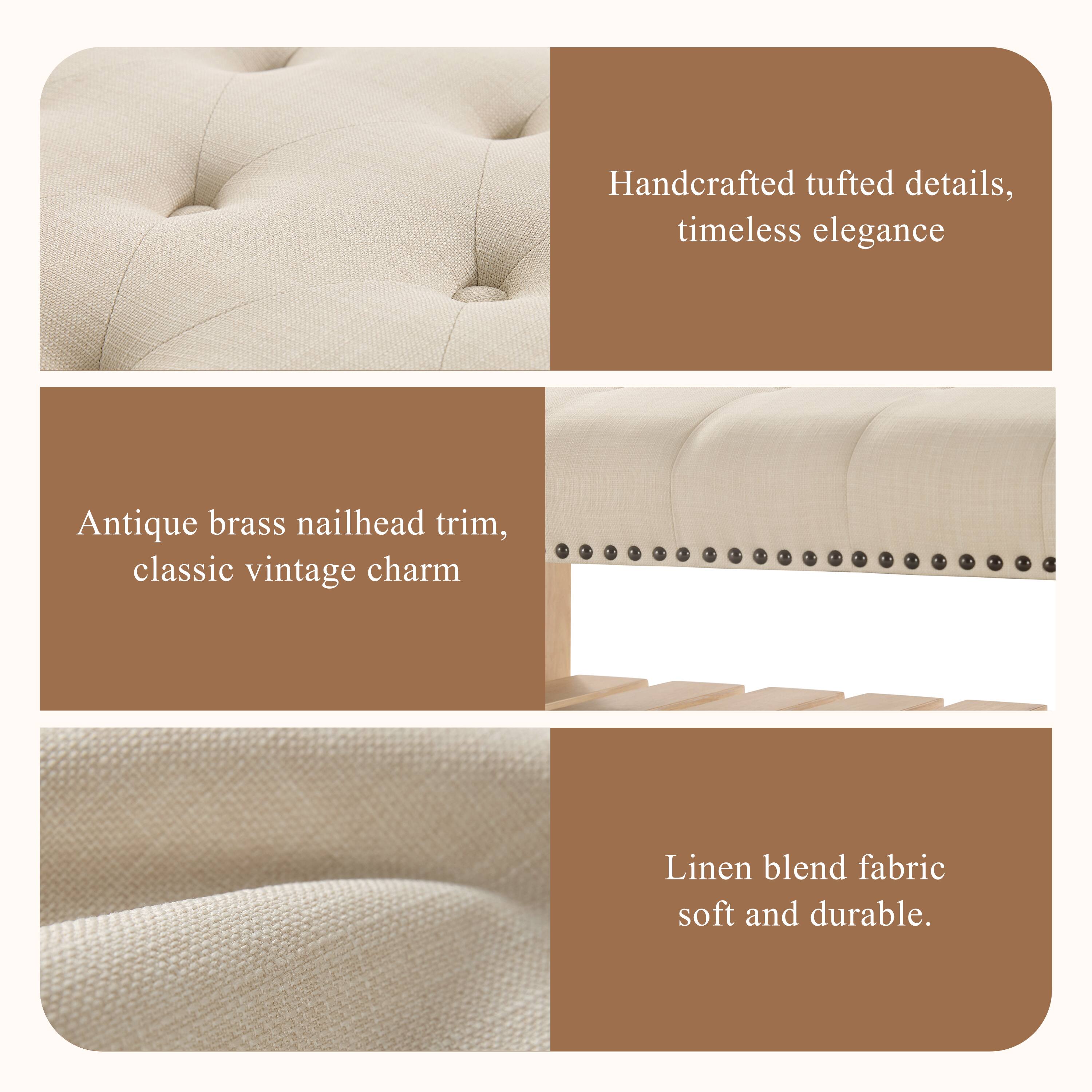 Handcrafted tufted details, timeless elegance  
Antique brass nailhead trim, classic vintage charm  
Linen blend fabric soft and durable.