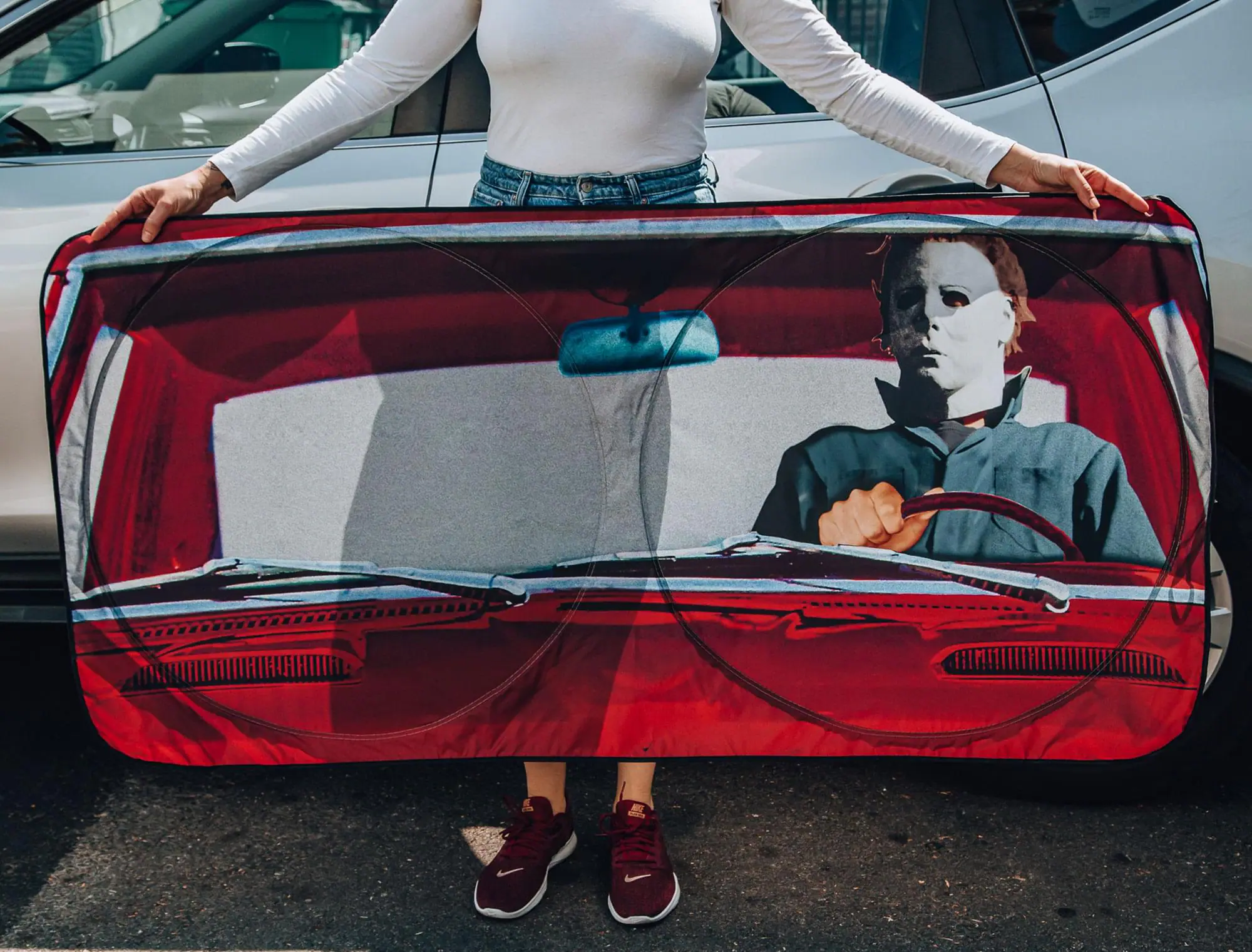 Alt View 2. Surreal Entertainment - Halloween Michael Myers Sunshade for Car Windshield | 64 x 32 Inches - Blue.
