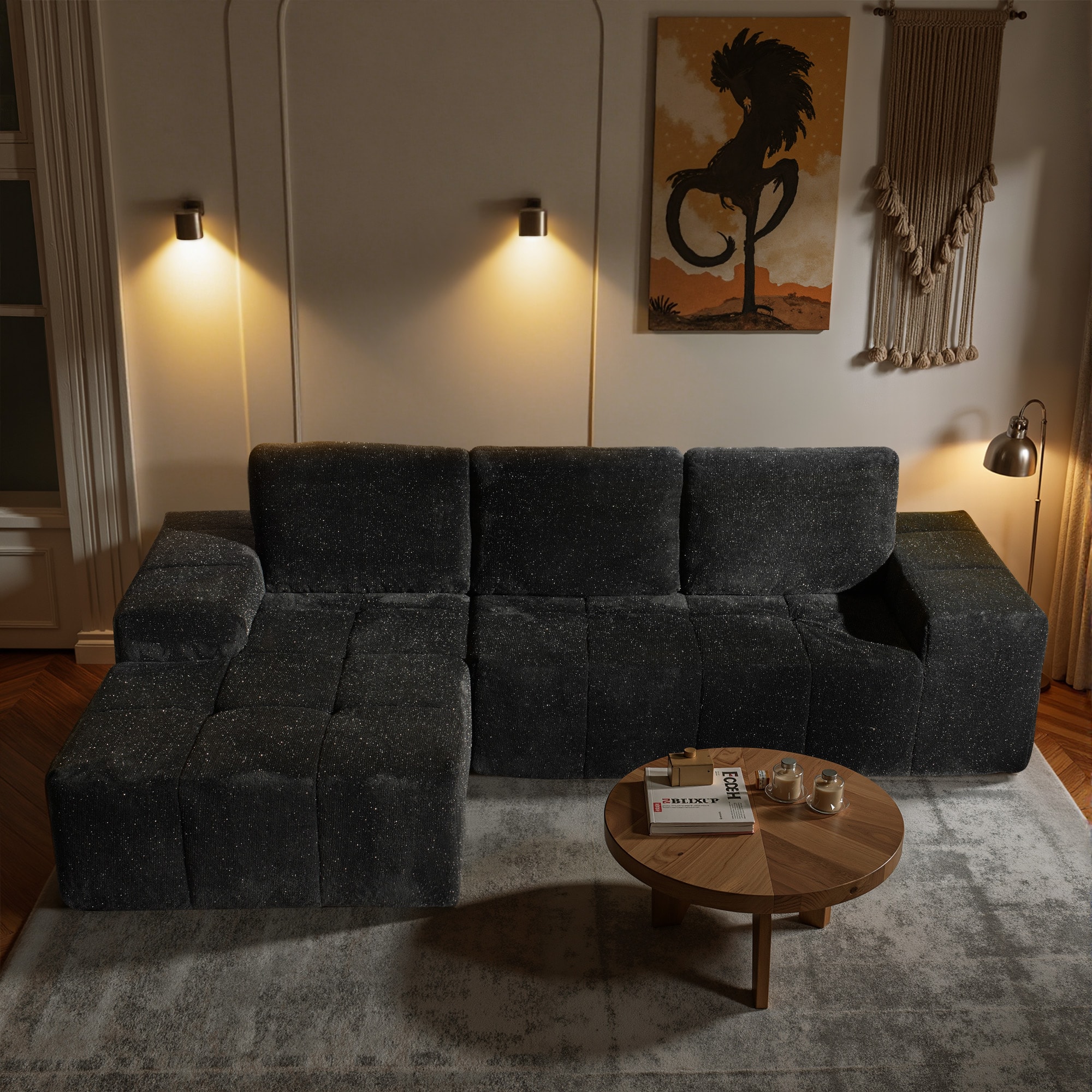 Ovios - 114" Starlight Fabric Sectional Sofa with Comfy Chaise, Boneless L-Shaped Couch for Living Room - Grey(Left Facing)