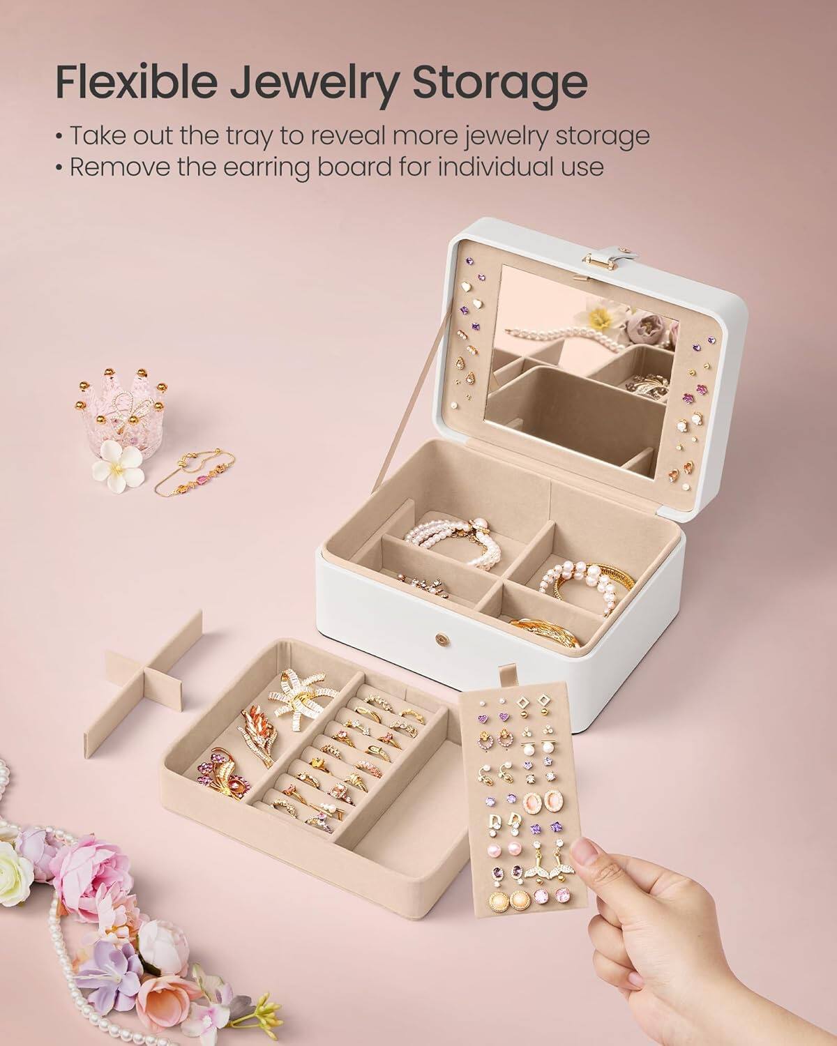 Flexible Jewelry Storage

- Take out the tray to reveal more jewelry storage
- Remove the earring board for individual use