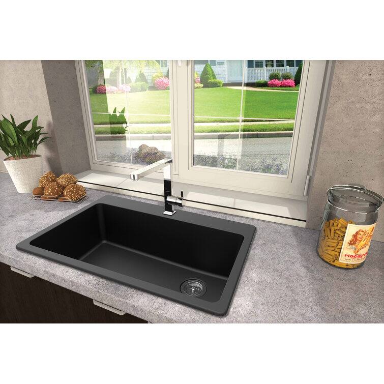 Angle. Winpro - Winpro Dual Mount Granite Composite 33 in. x 22 in. x 9-1/2 in. Single Bowl Kitchen Sink in Black - Black.