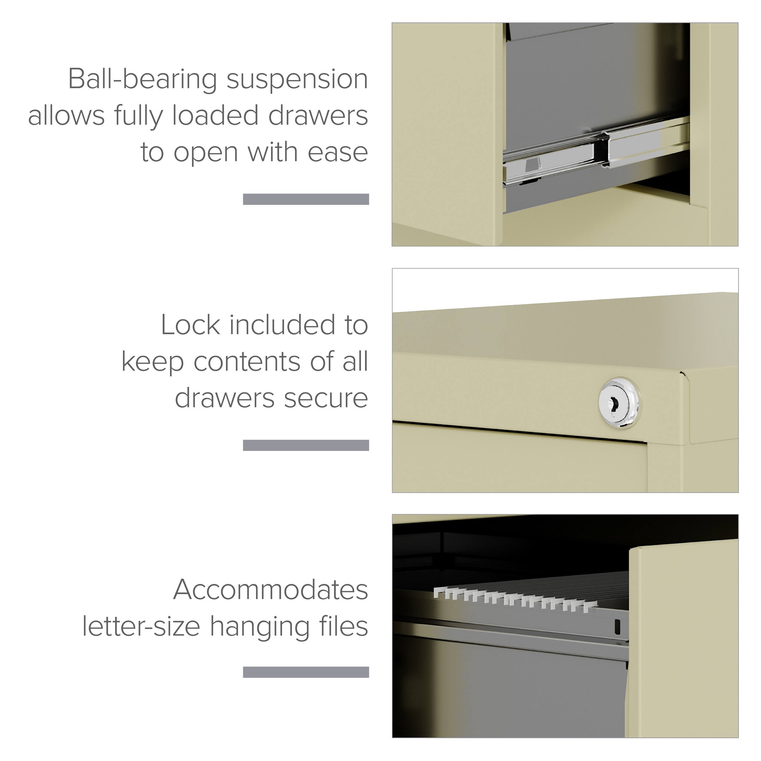 Ball-bearing suspension allows fully loaded drawers to open with ease

Lock included to keep contents of all drawers secure

Accommodates letter-size hanging files