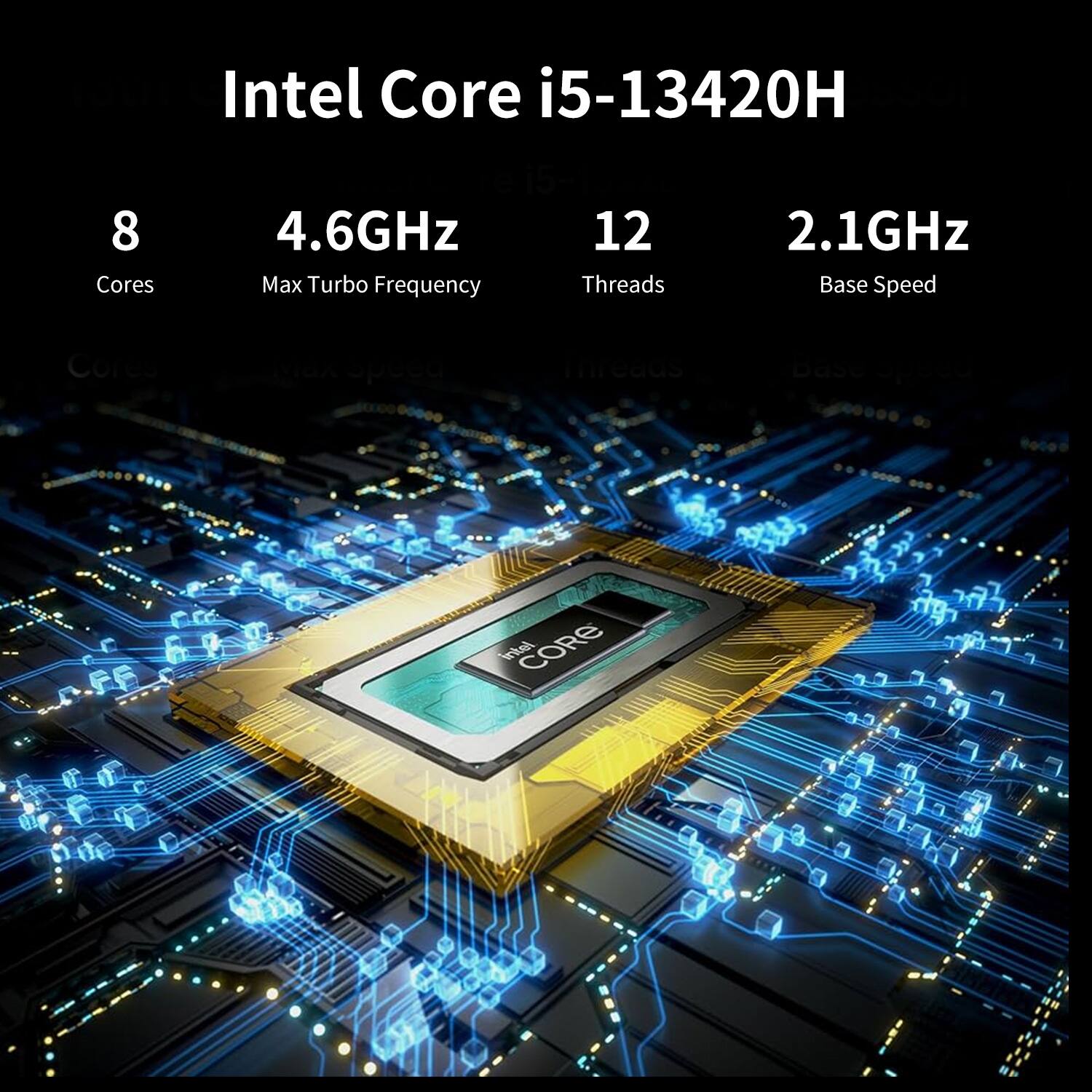 Intel Core i5-13420H  
8 Cores  
4.6GHz Max Turbo Frequency  
12 Threads  
2.1GHz Base Speed