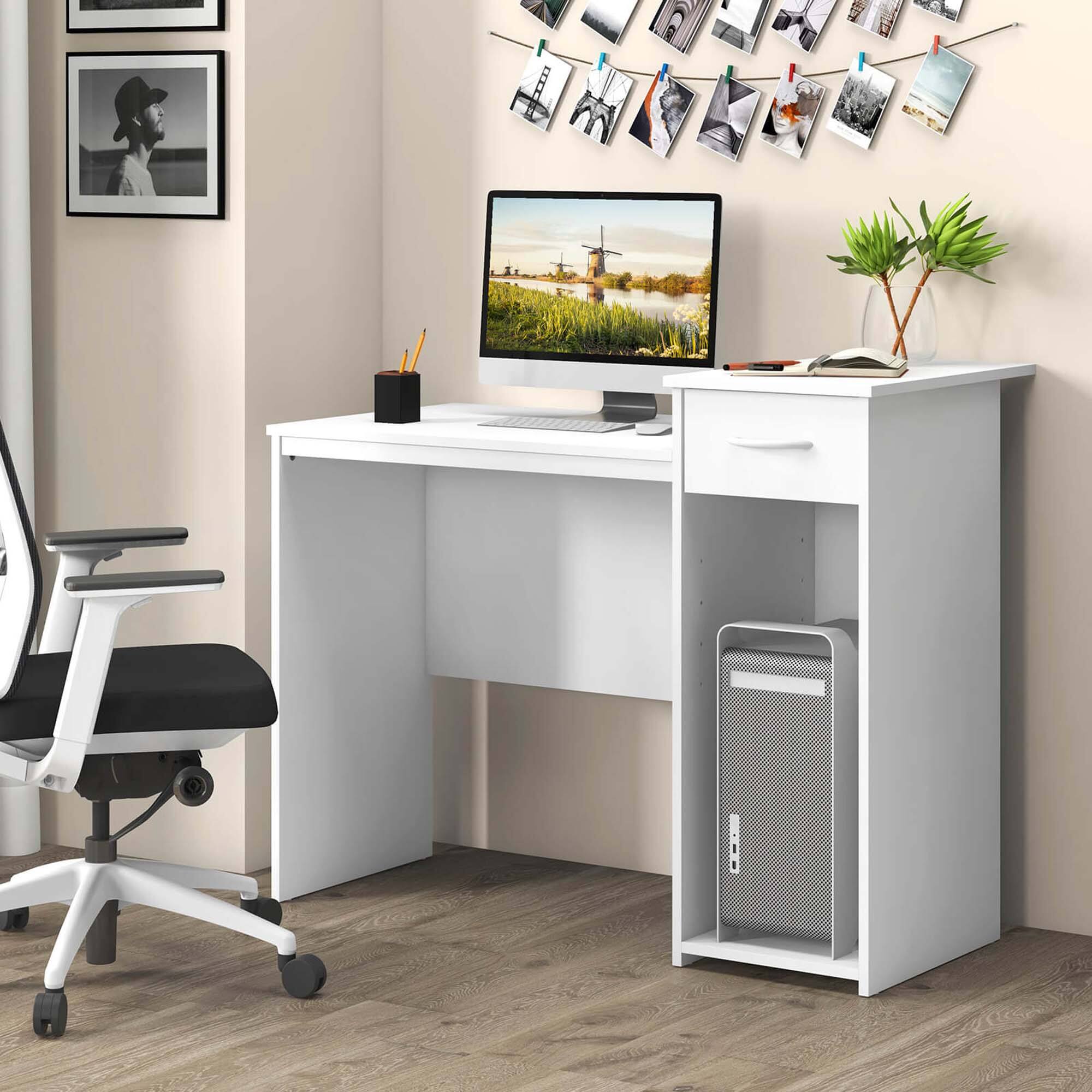 Alt View 1. Costway - Costway Computer Desk with Drawer Modern Laptop PC Desk with Adjustable Shelf & Cable Hole - White.