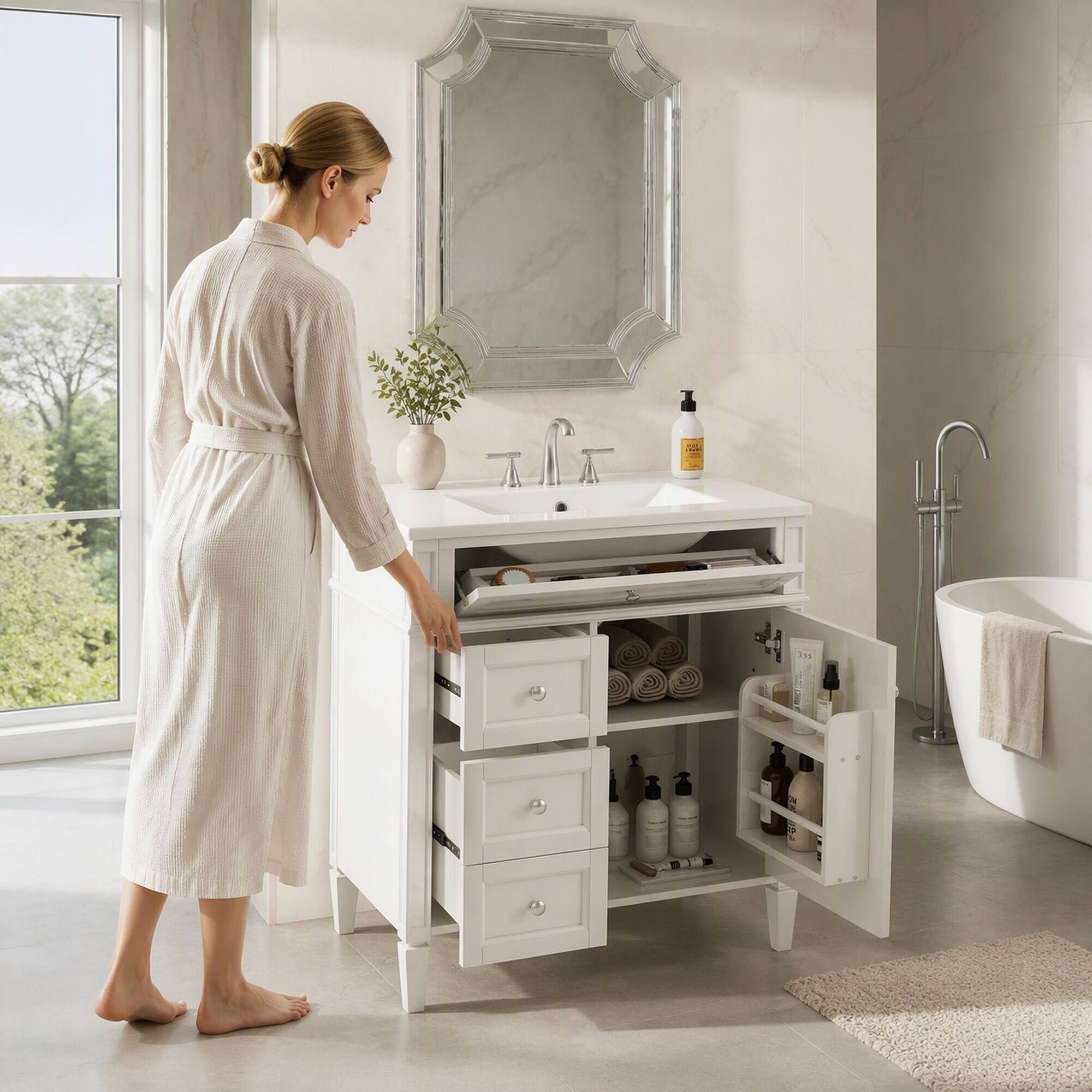 RYHNUYNE 30 Inch Freestanding Bathroom Vanity with Ceramic Sink, 2 ...