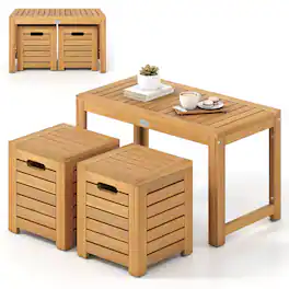 Costway - 3PCS Patio Rectangular Table and Stools Set with Hidden Storage Space for Balcony - Natural
