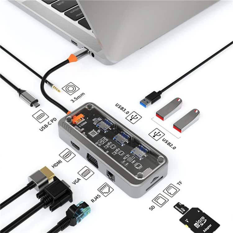Cluzine - Aluminum 10-in-1 Type-C Hub Adapter Type-C to USB Hub with RJ45 USB 3.0 HDMI TF SD Card Reader for MacBook