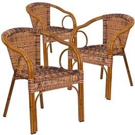 Emma + Oliver - 3 Pack Rattan Restaurant Patio Chair with Bamboo-Aluminum Frame - Burning Brown Rattan/Dark Red Bamboo-Aluminum
