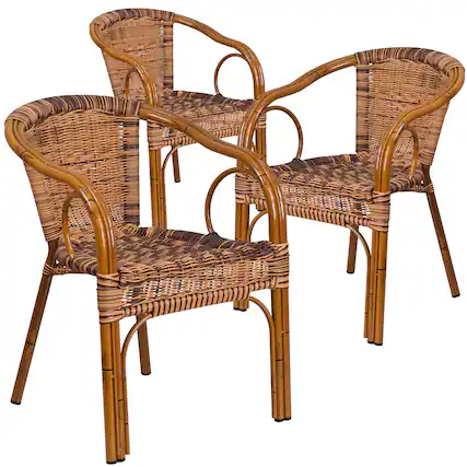 Front. Emma + Oliver - 3 Pack Rattan Restaurant Patio Chair with Bamboo-Aluminum Frame - Burning Brown Rattan/Dark Red Bamboo-Aluminum.