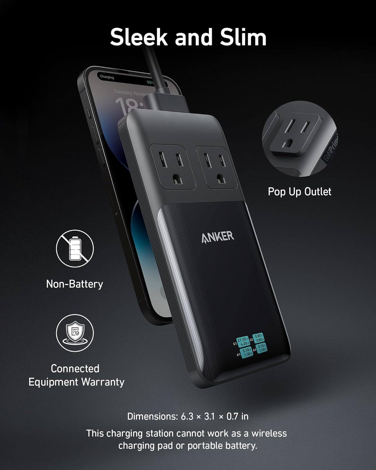 Sleek and Slim

- Non-Battery
- Connected Equipment Warranty

Pop Up Outlet

Dimensions: 6.3 x 3.1 x 0.7 in

This charging station cannot work as a wireless charging pad or portable battery.