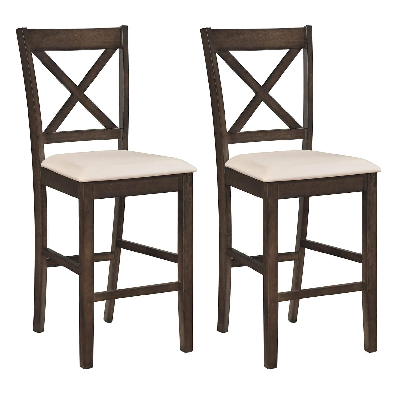 Costway - Rubber Wood X-Back Bar Stools Set of 2 with Upholstered Cushioned Seats & Footrests - Dark Brown, Cream