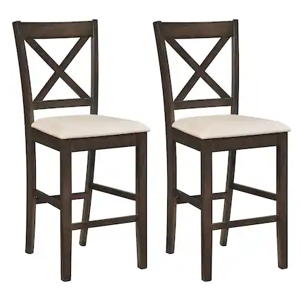 Front. Costway - Costway Rubber Wood X-Back Bar Stools Set of 2 with Upholstered Cushioned Seats & Footrests - Dark Brown, Cream.