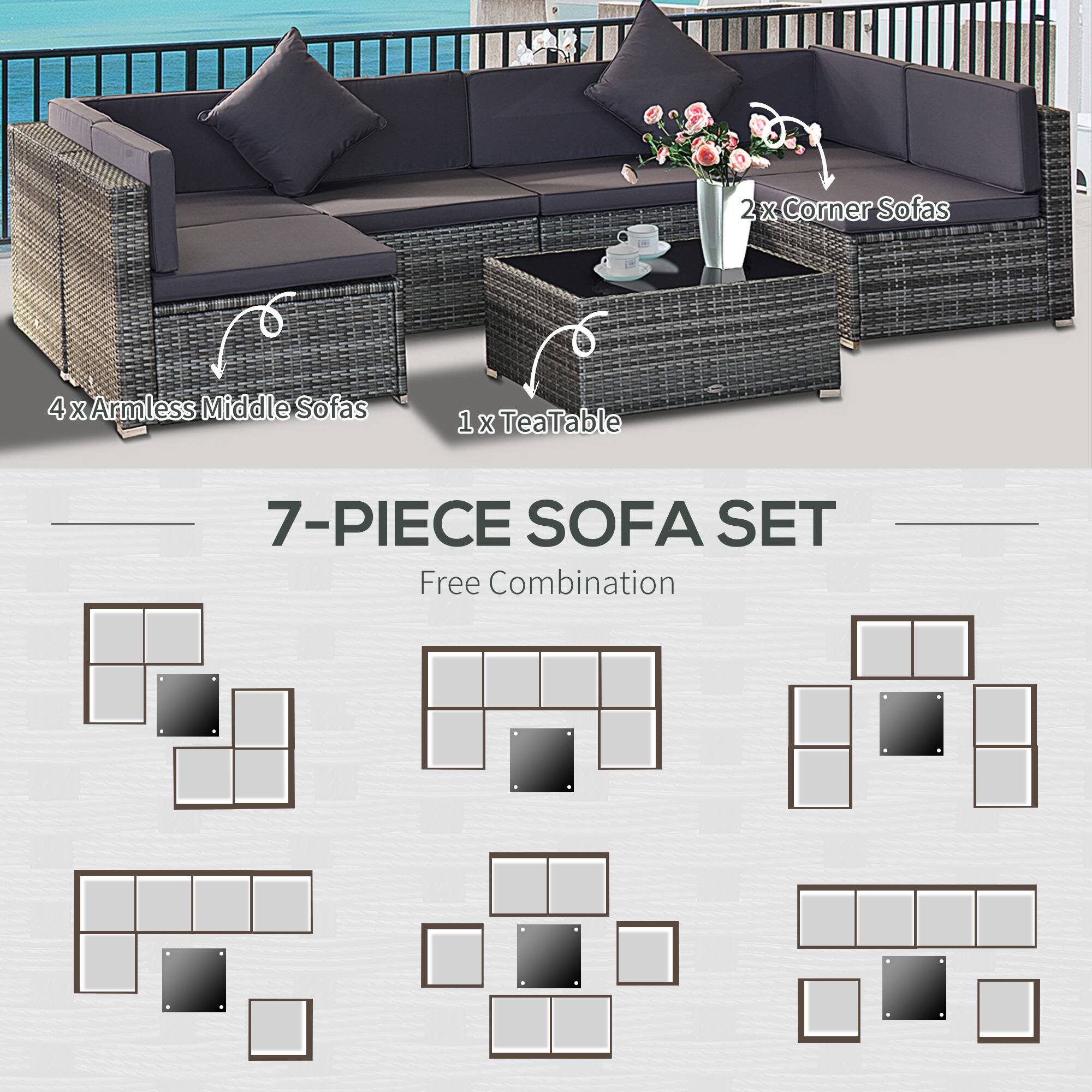 2x Corner Sofas, 4x Armless Middle Sofas, 1x TeaTable, 7-PIECE SOFA SET, Free Combination