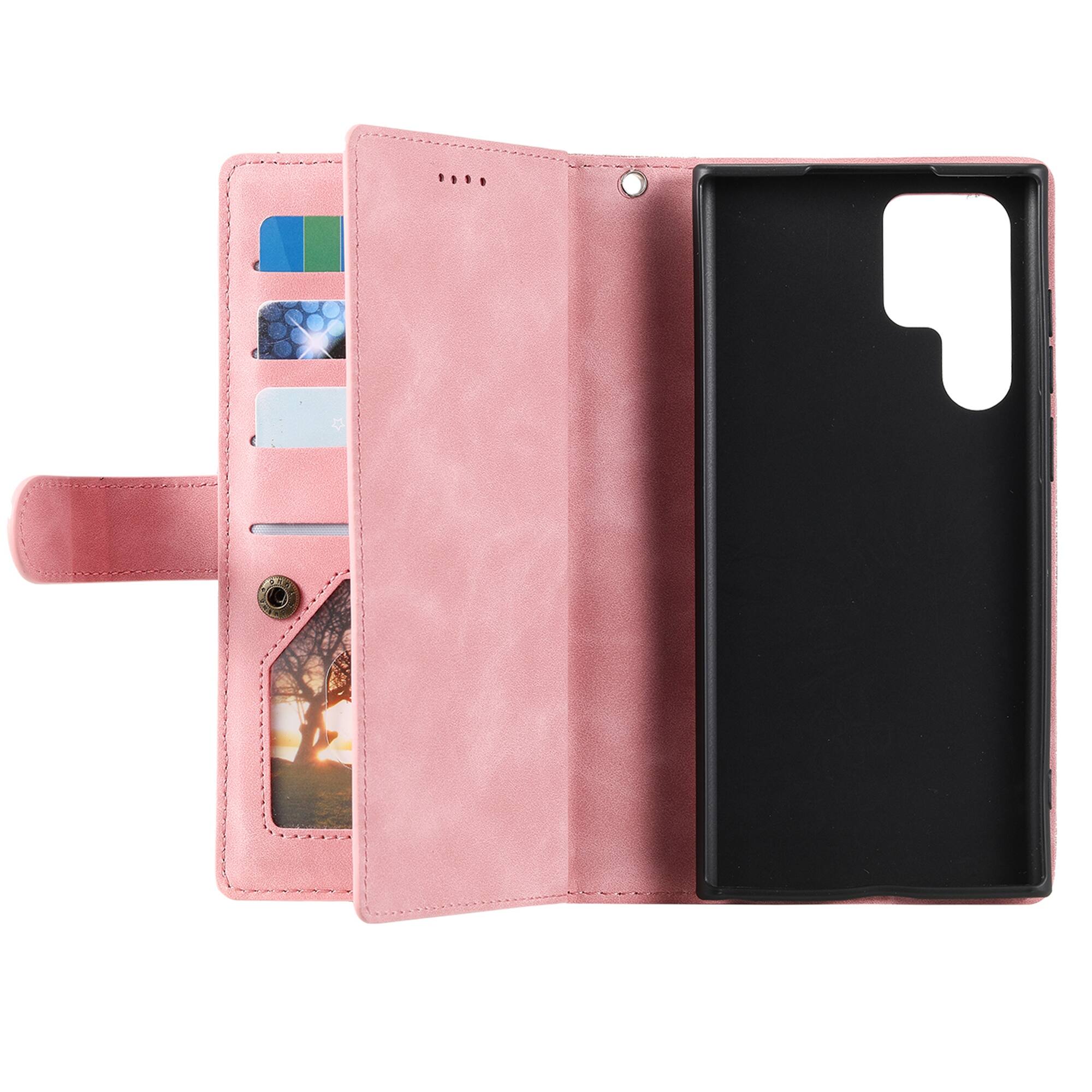 Back. Dteck - Multi-Functional Wallet Case for Samsung Galaxy A57, 9 Card Slots Zipper Pocket Stand Premium Leather Cover+Strap - Rosegold.