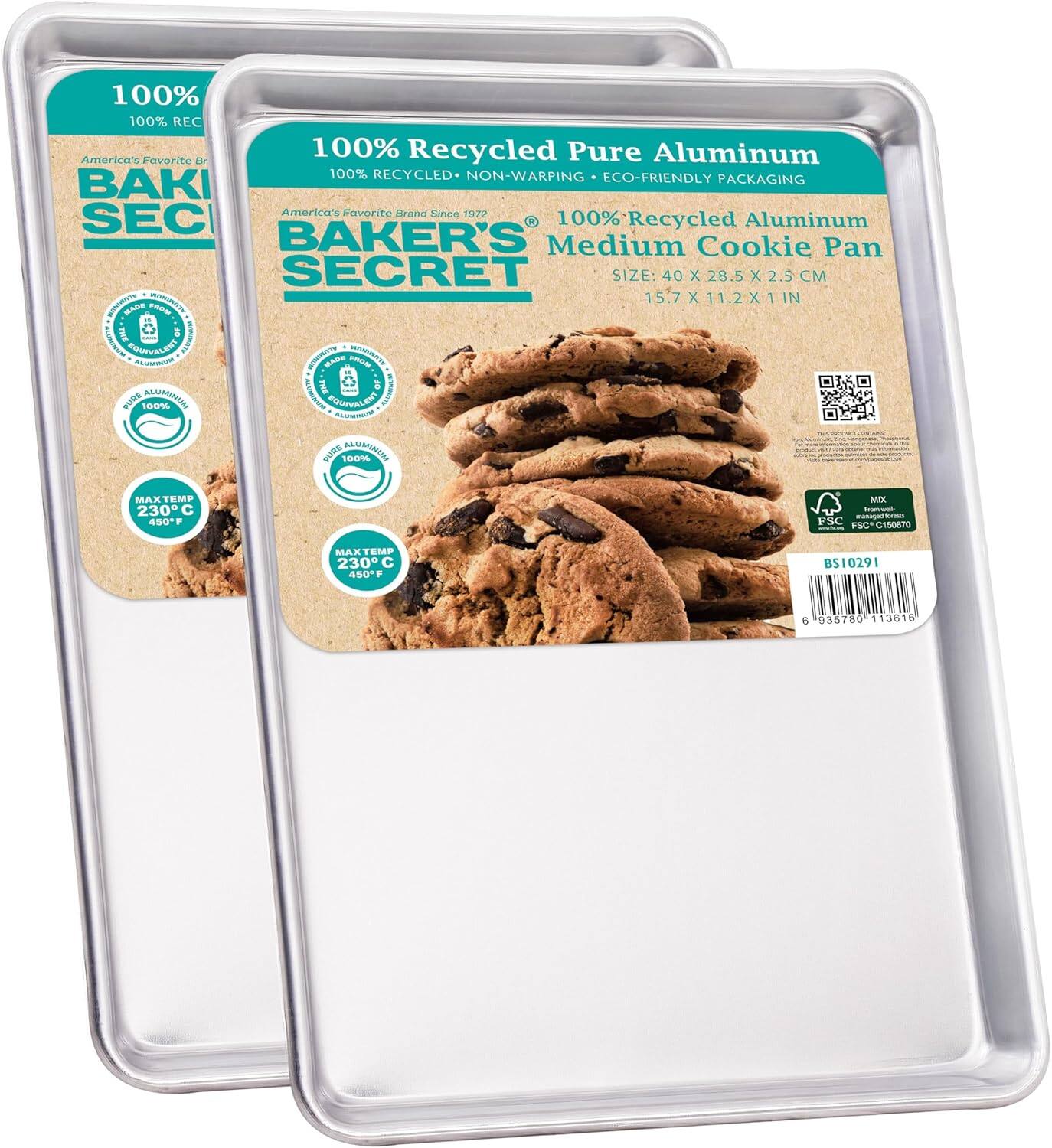 Baker's Secret - 2x Cookie Sheet 15" Pure Extra Thick Aluminum, Commercial Grade - Silver