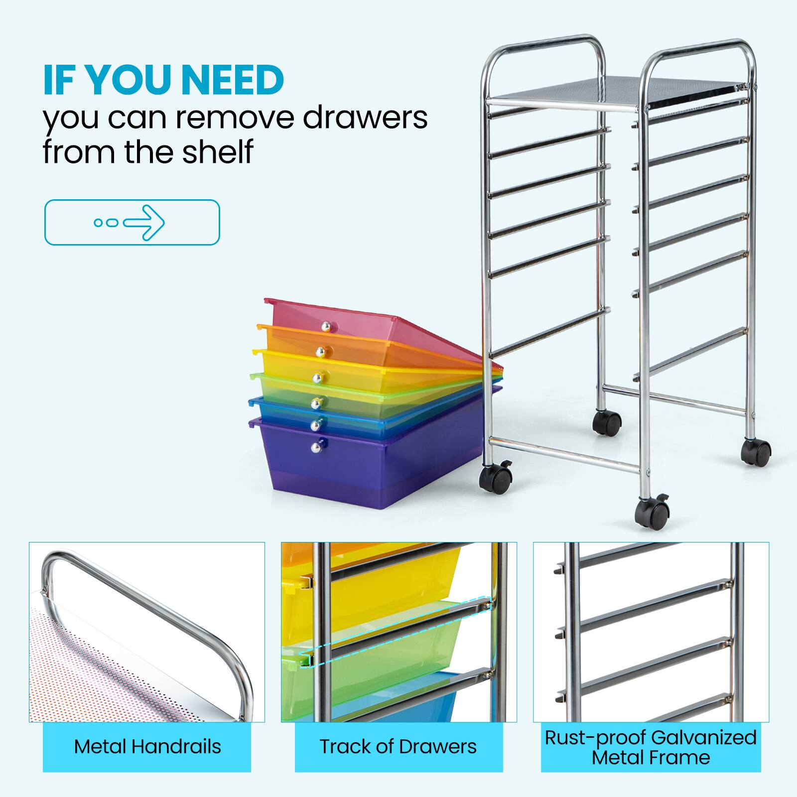 IF YOU NEED you can remove drawers from the shelf
Metal Handrails
Track of Drawers
Rust-proof Galvanized Metal Frame