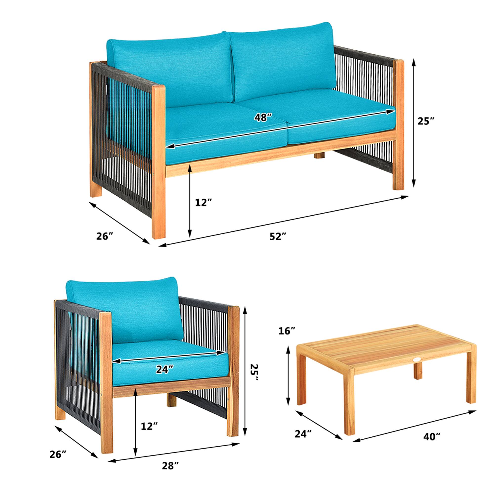 - Sofa:
  - Length: 52"
  - Width: 26"
  - Height: 25"
  - Seat Depth: 12"
  - Seat Width: 48"
  - Armrest Height: 25"
  - Armrest Width: 26"
  - Back Height: 25"
  - Seat Height: 12"

- Armchair:
  - Length: 28"
  - Width: 26"
  - Height: 25"
  - Seat Depth: 12"
  - Seat Width: 24"
  - Armrest Height: 25"
  - Armrest Width: 26"

- Table:
  - Length: 40"
  - Width: 24"
  - Height: 16"