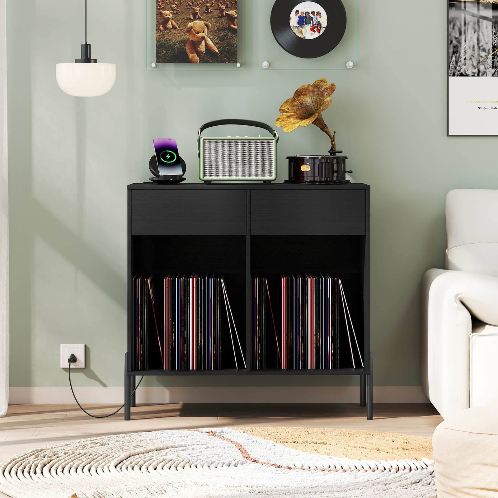 Alt View 3. Costway - Costway Large Record Player Stand with Charging Station Storage Compartments & 2 Drawers - Black.