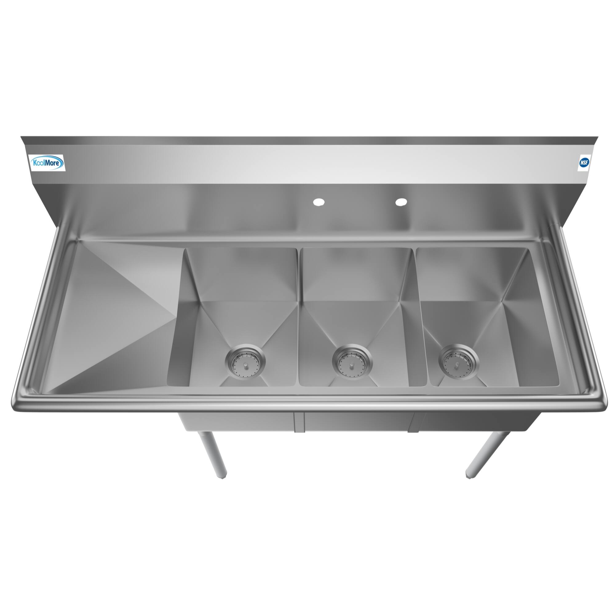 Left. Koolmore - 51 in. Three Compartment Stainless Steel  Sink with Drainboard, Bowl Size 12"x 16"x 10" SC121610-12L3. - Stainless Steel.