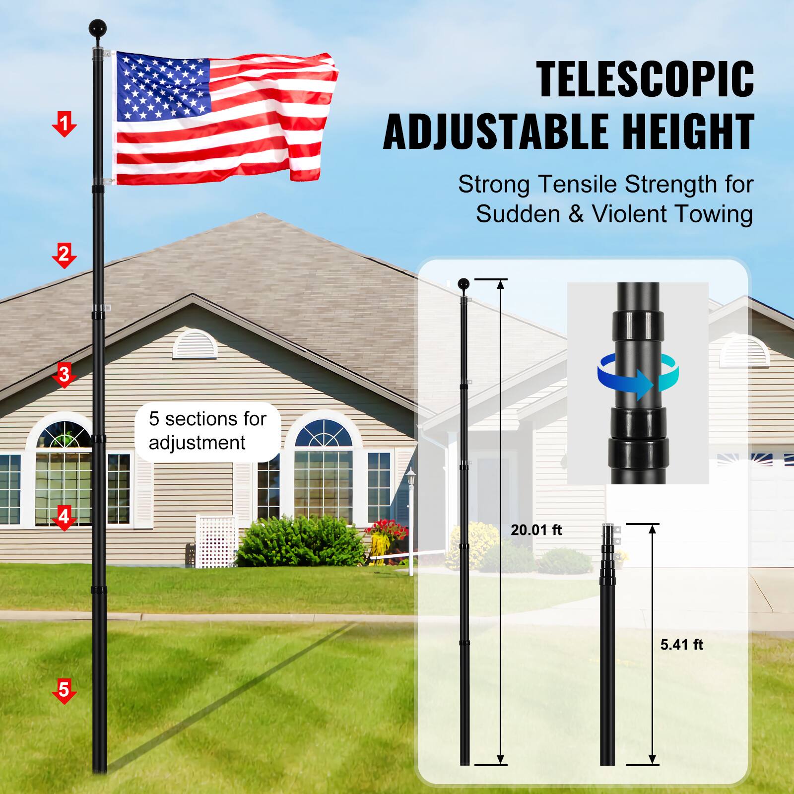 1. TELESOPIC ADJUSTABLE HEIGHT  
2. Strong Tensile Strength for Sudden & Violent Towing  
3. 5 sections for adjustment  
4. 20.01 ft  
5. 5.41 ft