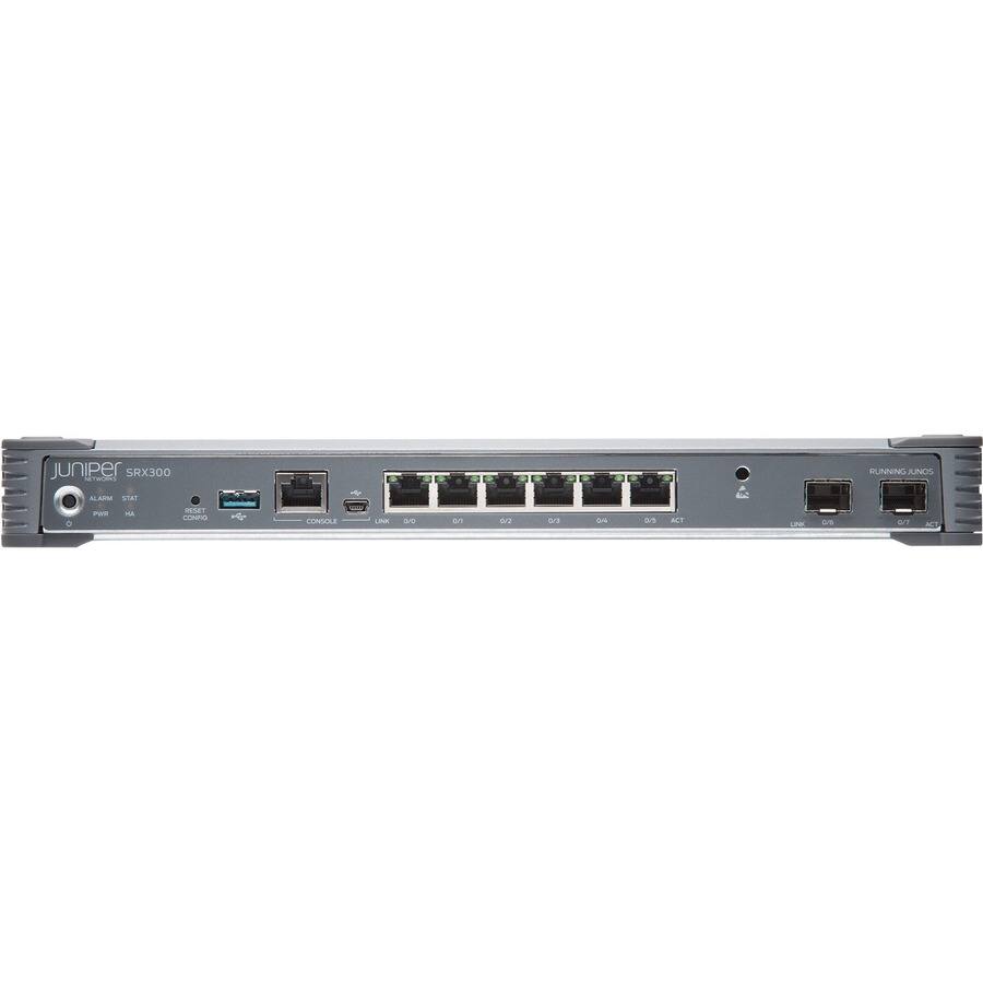 Juniper SRX300  
Running Junos  
Alarm Status  
Power HA  
Reset  
Console  
USB  
D0/1  
D0/2  
D0/3  
D0/4  
ACT  
Link  
D0/5  
D0/6  
D0/7  
D0/8