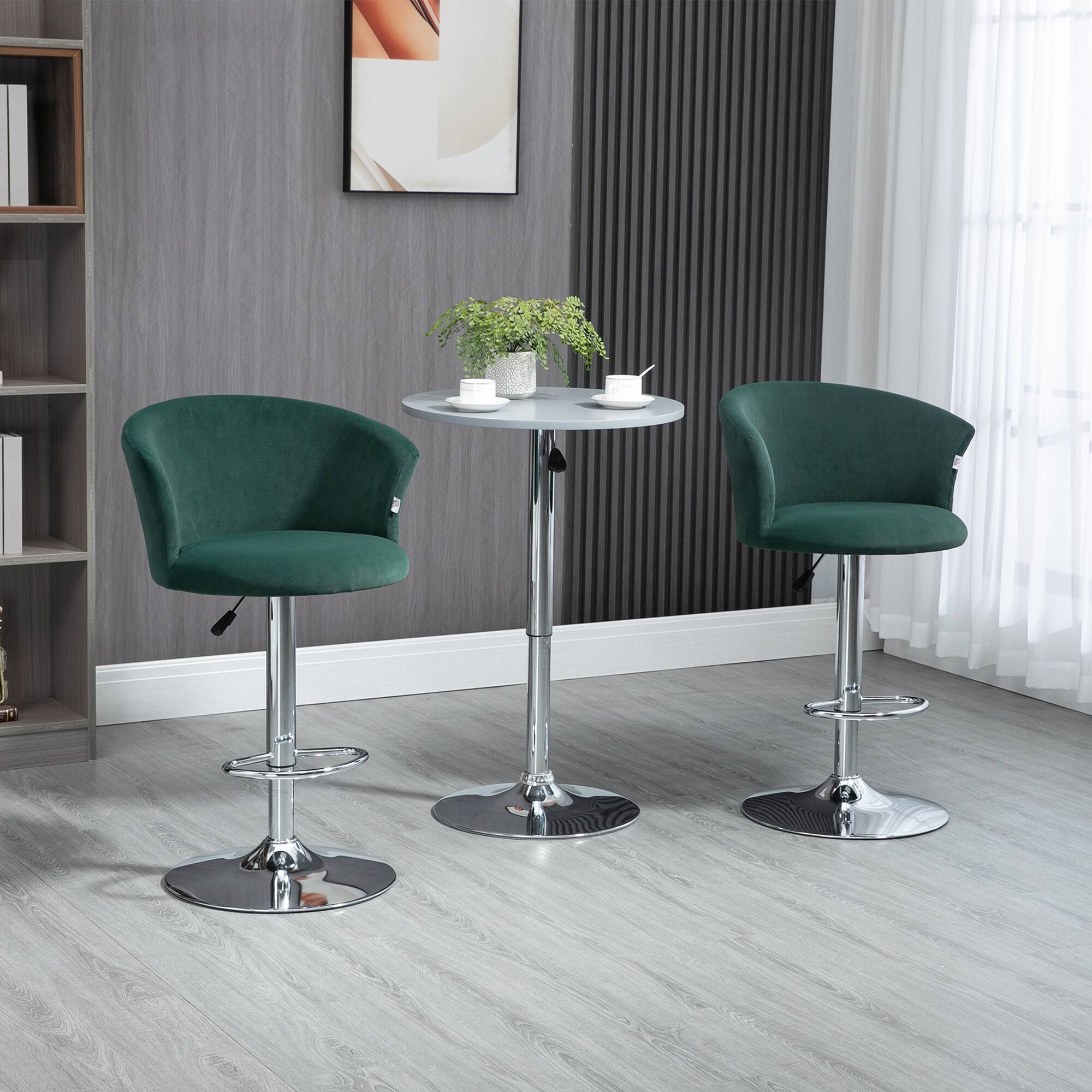 Angle. Homcom - Set of 2 Adjustable Velvet Bar Stools with Footrest - green.