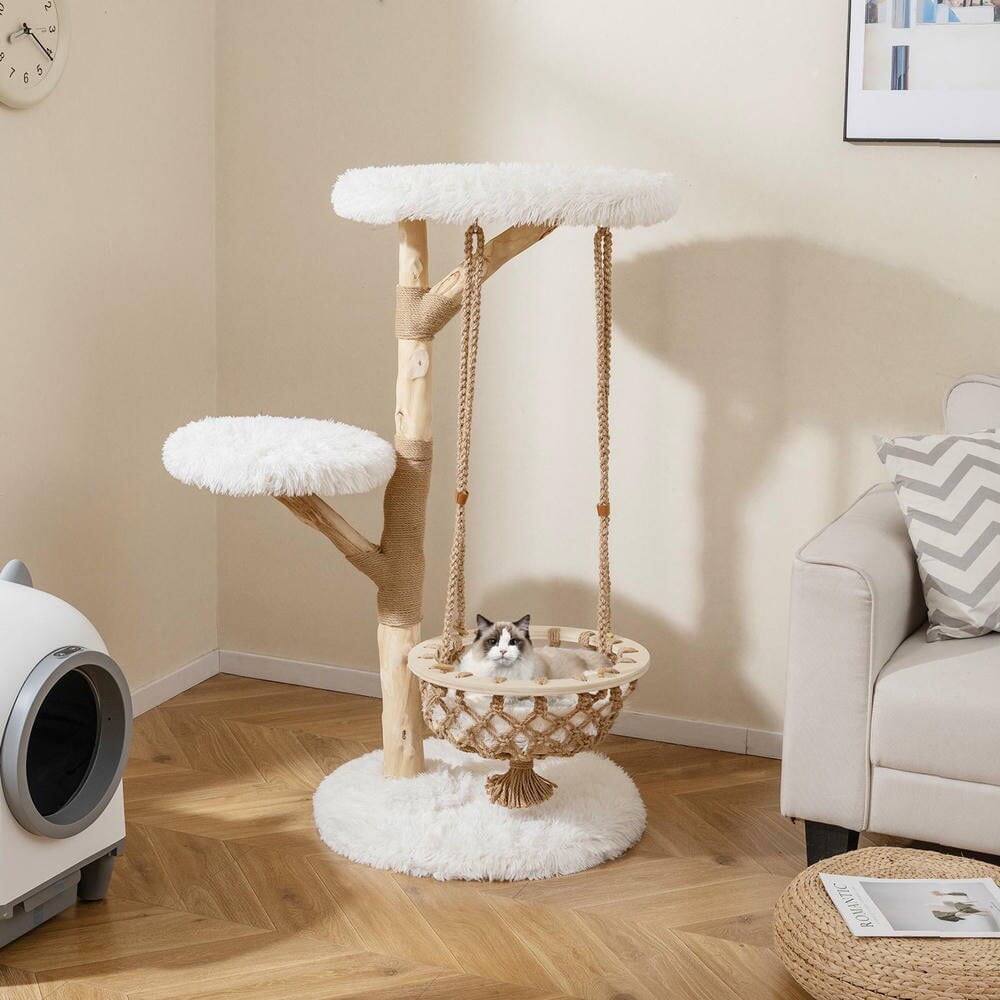 Alt View 4. Kadyn - 48.5-Inch Solid Wood Cat Tree with Hanging Cradle and Jute Post, White - White.