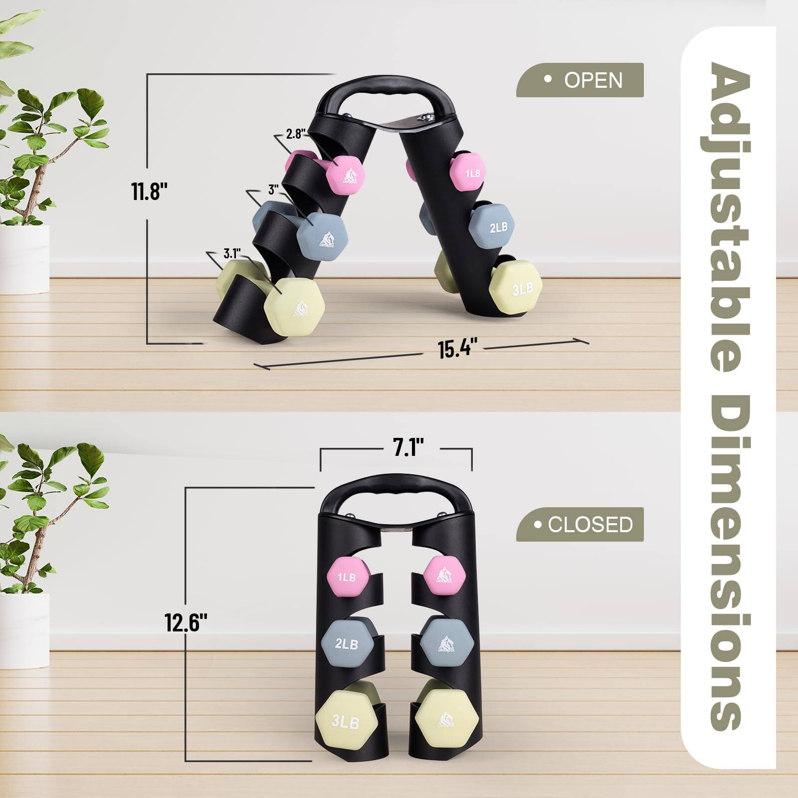 Adjustable Dimensions

OPEN
- 11.8" (height)
- 15.4" (width)
- 3.1" (depth)
- 2.8" (diameter of weights)

CLOSED
- 12.6" (height)
- 7.1" (width)
- 3" (depth)
- 1LB, 2LB, 3LB (weight options)