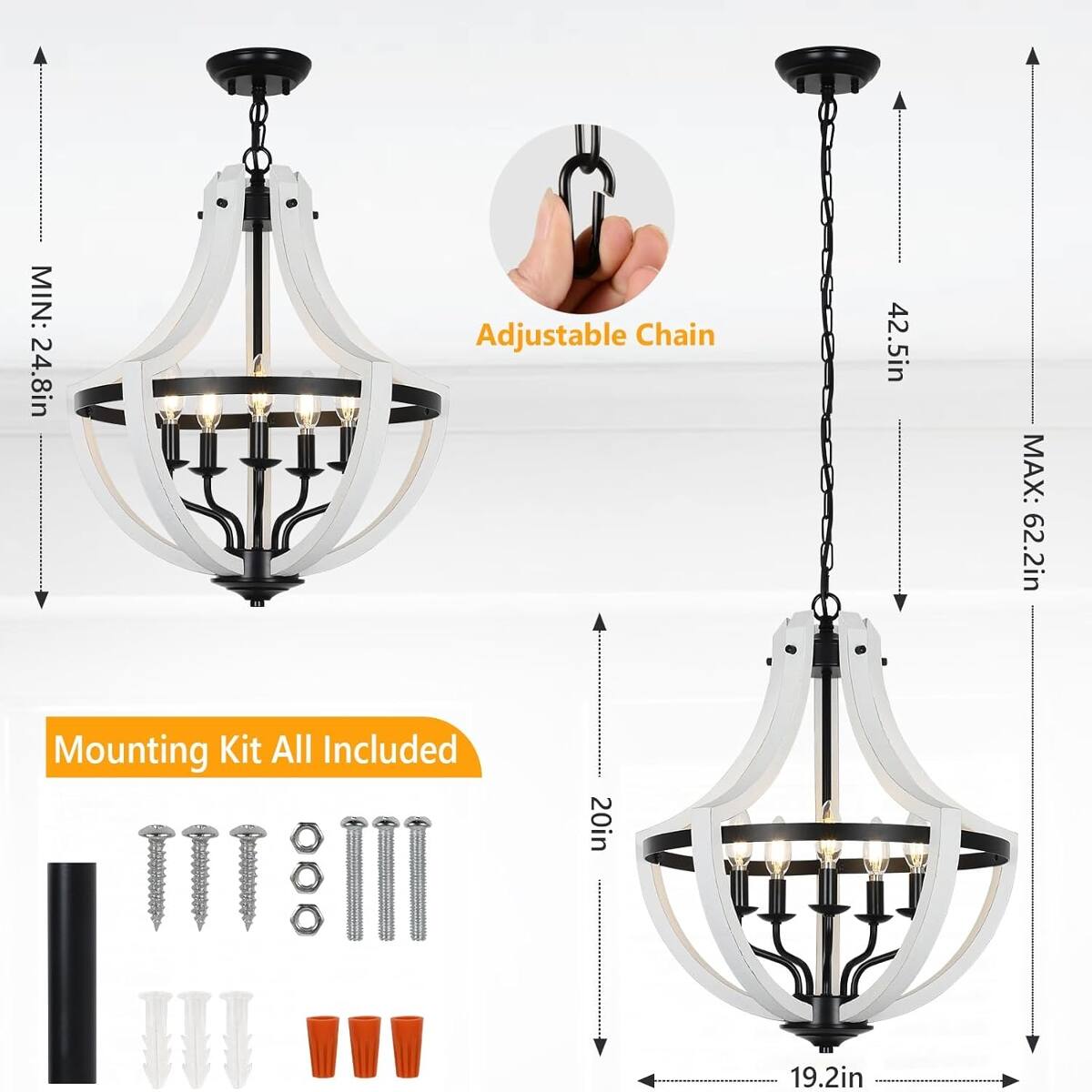 Loheer 5 Light Farmhouse Chandelier, White Wood Dining Room Light with ...