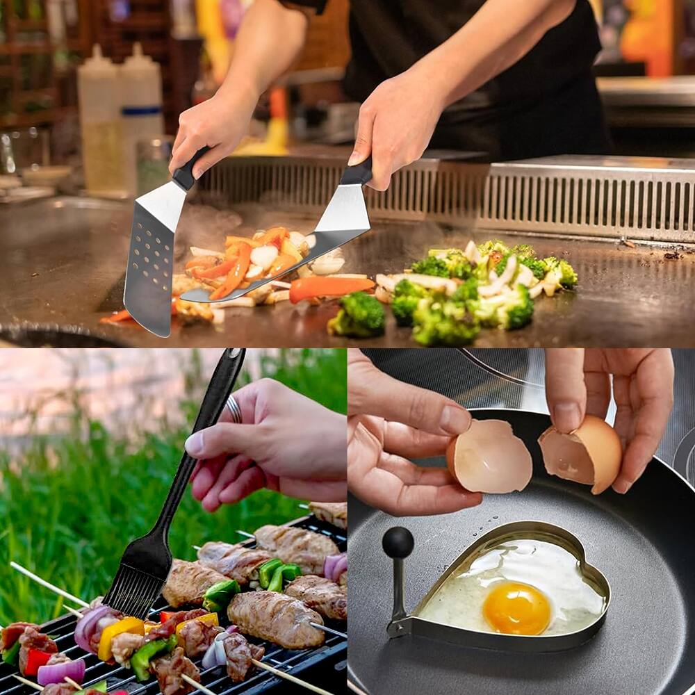 Back. MOVSSOU - BBQ Grill Spatula Set 14Pcs Stainless Steel Grill Scraper Tools BBQ Griddle Set - silver.