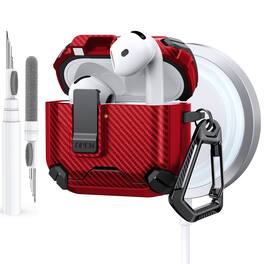 Dteck - Case for Apple AirPods 4th Gen with Magnetic Lock,Compatible with Mag Safe,Carbon Fiber Texture Cover with Carabiner - Red