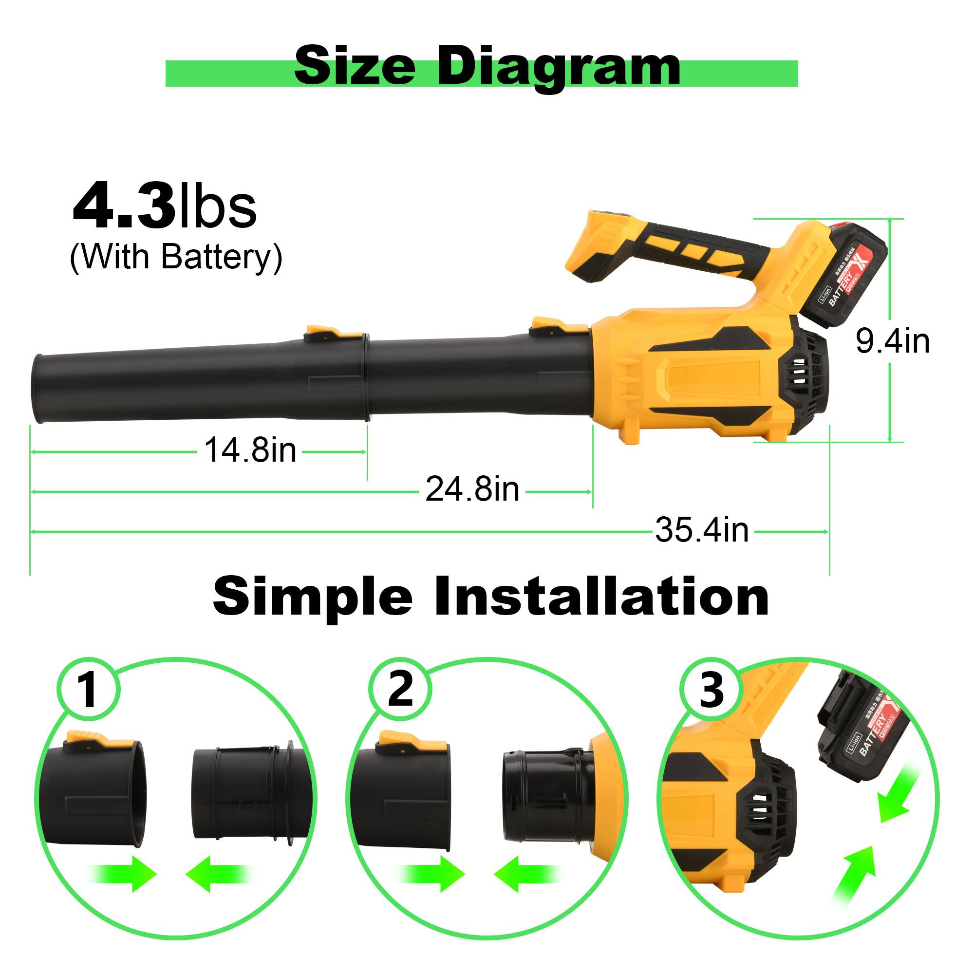 Size Diagram

4.3lbs (With Battery)

9.4in

14.8in

24.8in

35.4in

Simple Installation

1

2

3