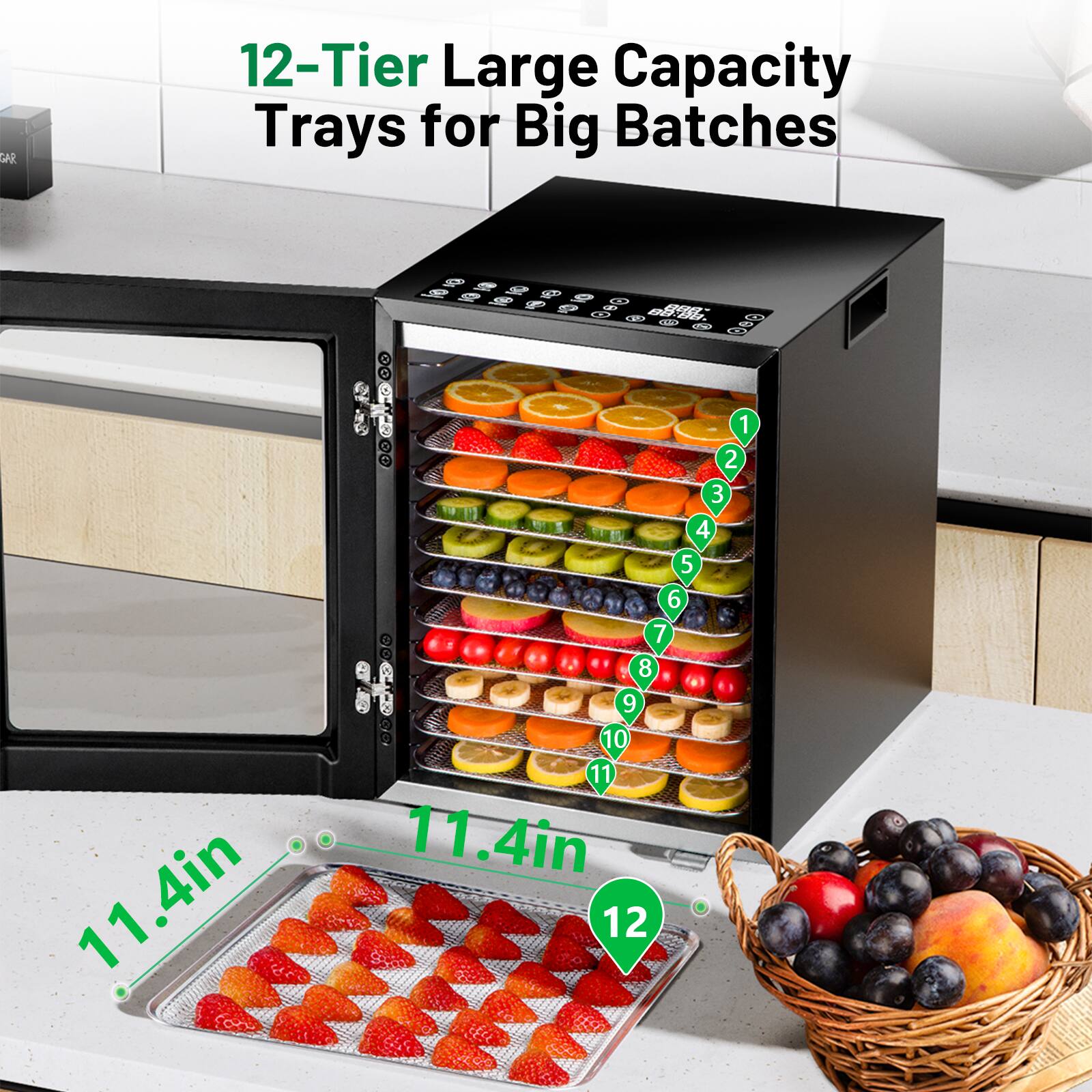 12-Tier Large Capacity Trays for Big Batches

11.4in x 11.4in